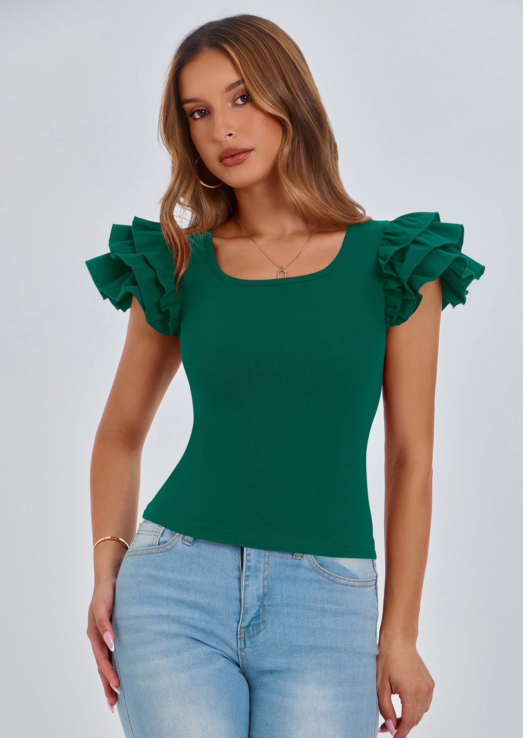 Women's Ruffle Short Sleeve Shirts Summer Casual Basic Tee Cute Fitted Crew Neck Fashion Tops Clothes