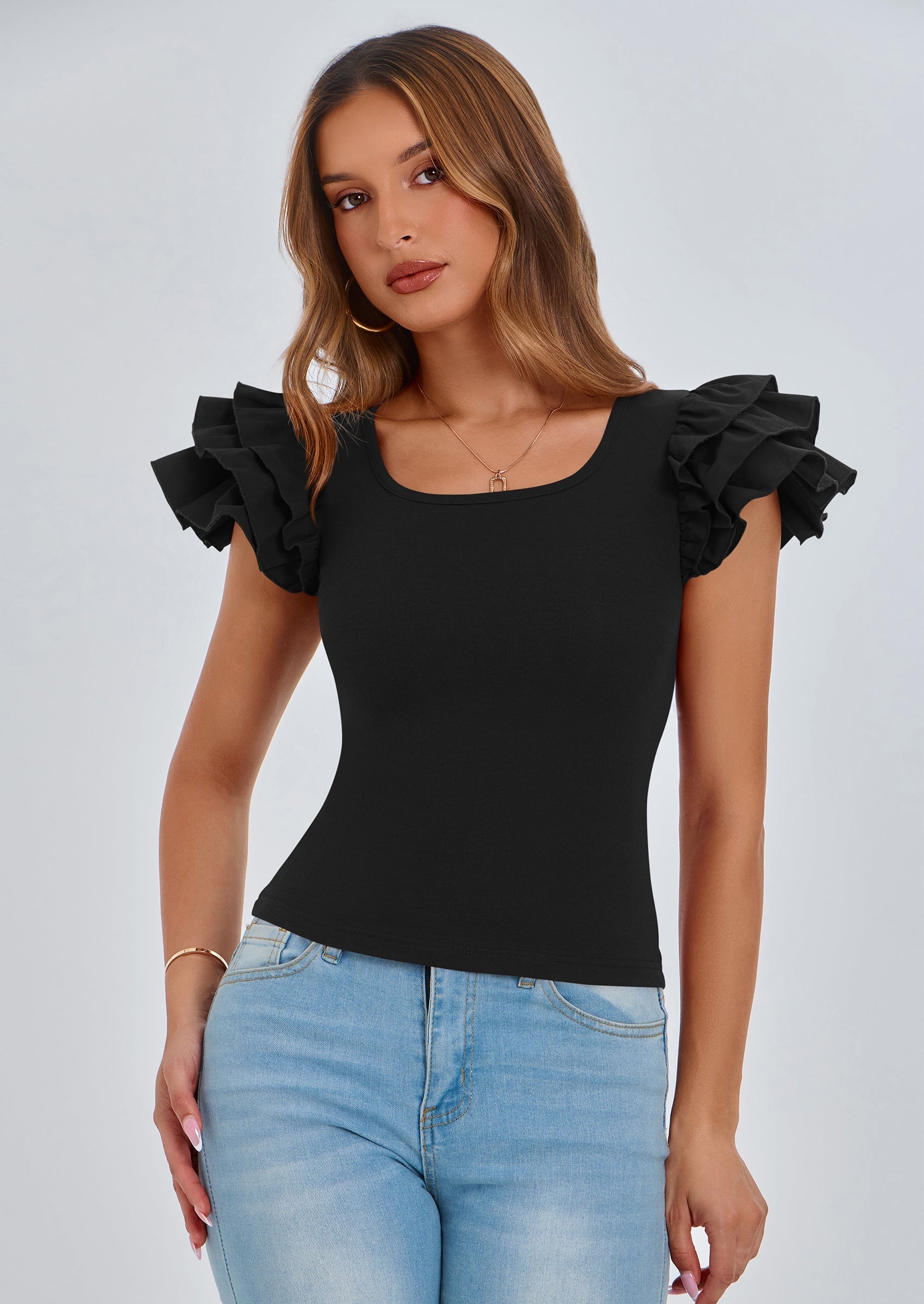 Women's Ruffle Short Sleeve Shirts Summer Casual Basic Tee Cute Fitted Crew Neck Fashion Tops Clothes