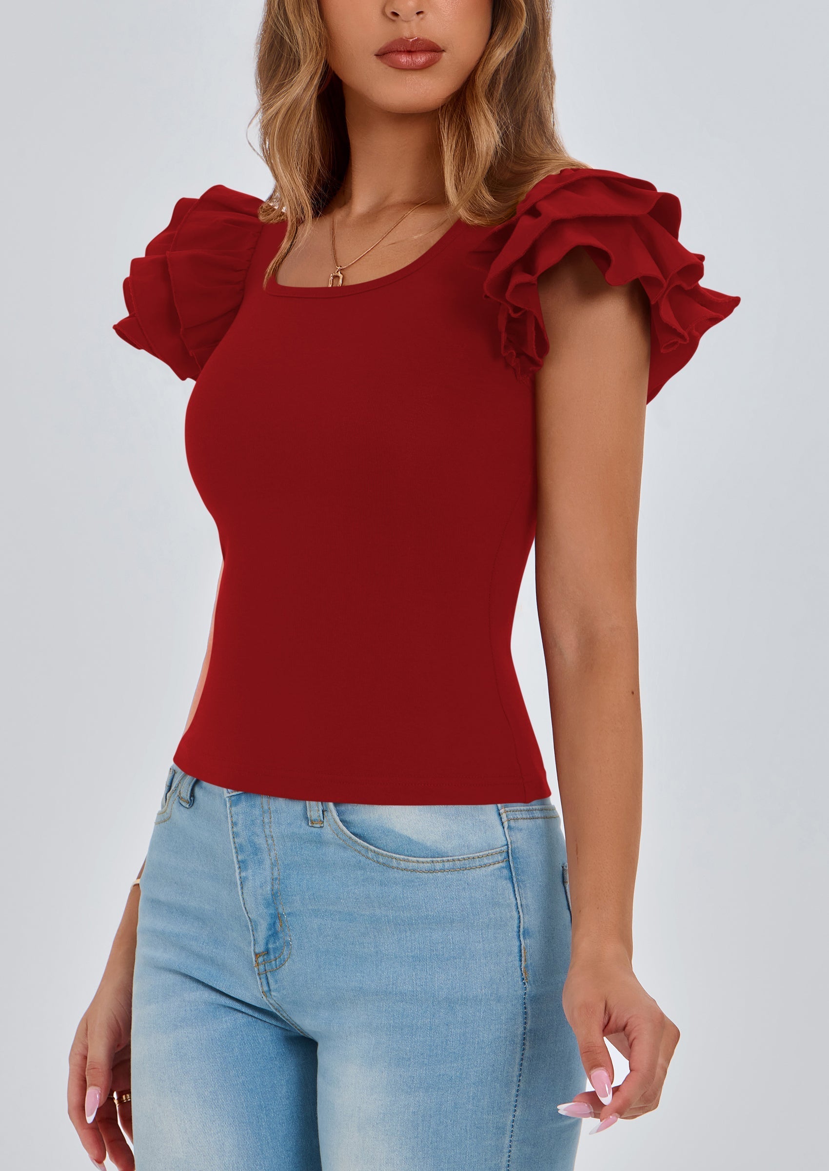 Women's Ruffle Short Sleeve Shirts Summer Casual Basic Tee Cute Fitted Crew Neck Fashion Tops Clothes