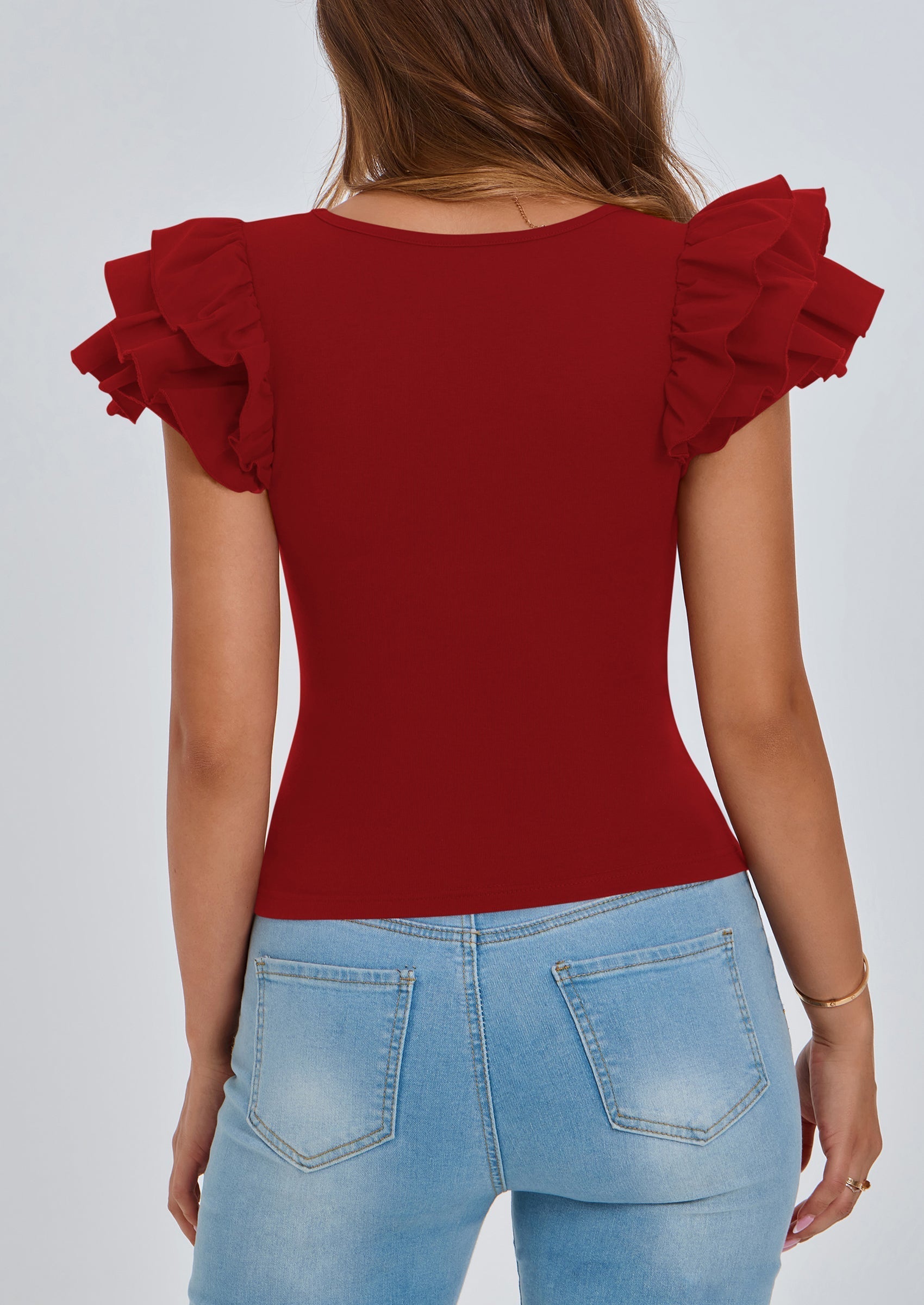 Women's Ruffle Short Sleeve Shirts Summer Casual Basic Tee Cute Fitted Crew Neck Fashion Tops Clothes