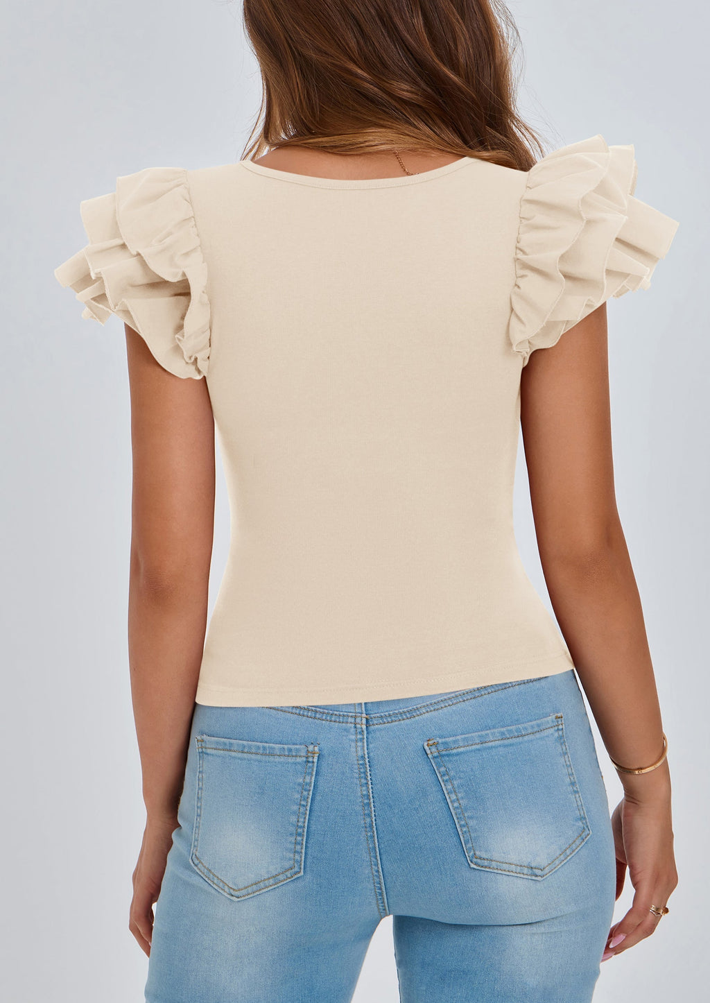 Women's Ruffle Short Sleeve Shirts Summer Casual Basic Tee Cute Fitted Crew Neck Fashion Tops Clothes