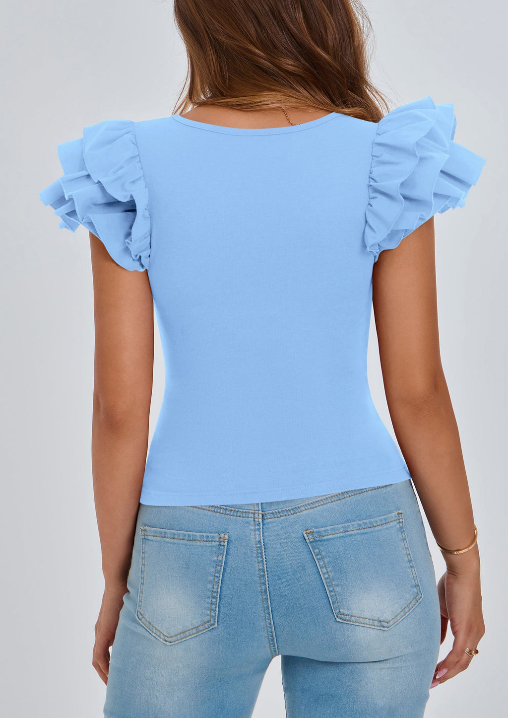Women's Ruffle Short Sleeve Shirts Summer Casual Basic Tee Cute Fitted Crew Neck Fashion Tops Clothes