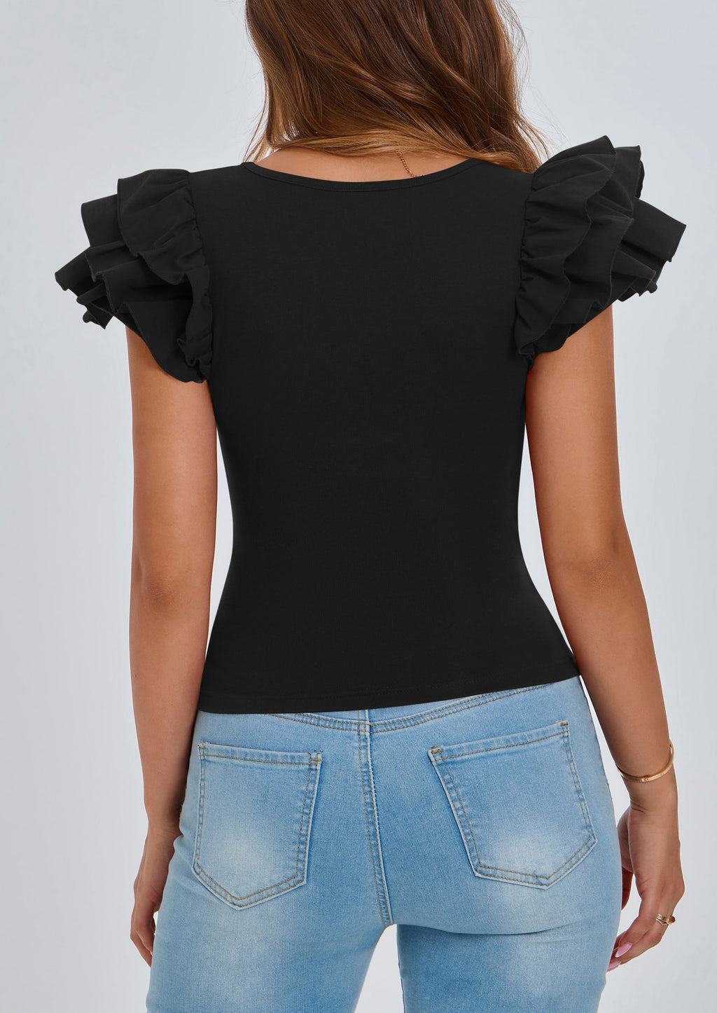 Women's Ruffle Short Sleeve Shirts Summer Casual Basic Tee Cute Fitted Crew Neck Fashion Tops Clothes