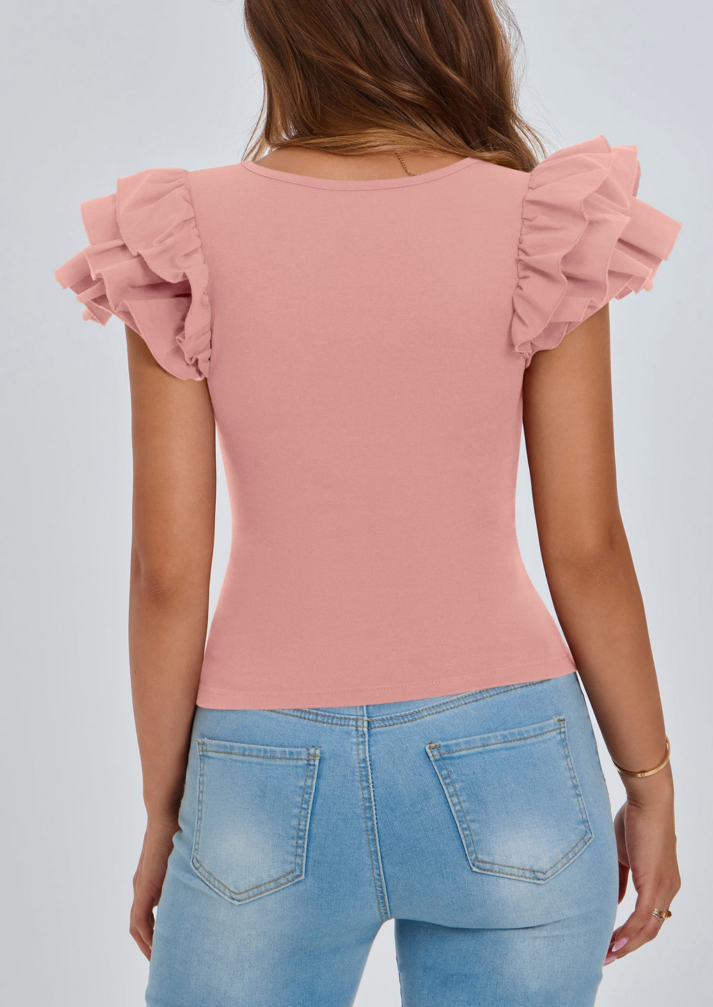 Women's Ruffle Short Sleeve Shirts Summer Casual Basic Tee Cute Fitted Crew Neck Fashion Tops Clothes