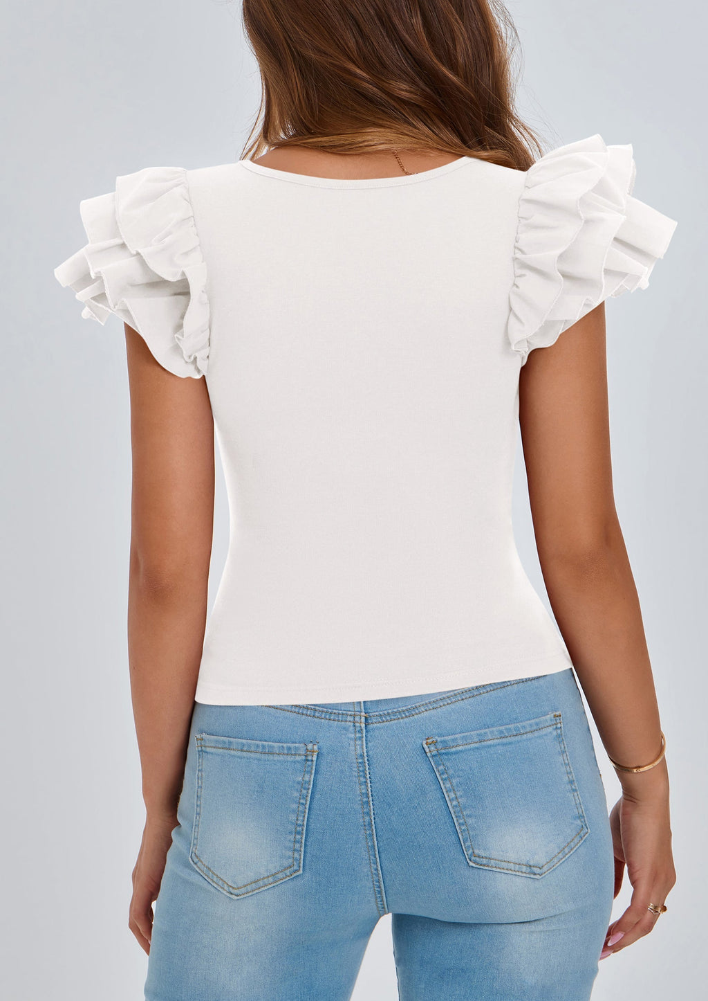 Women's Ruffle Short Sleeve Shirts Summer Casual Basic Tee Cute Fitted Crew Neck Fashion Tops Clothes