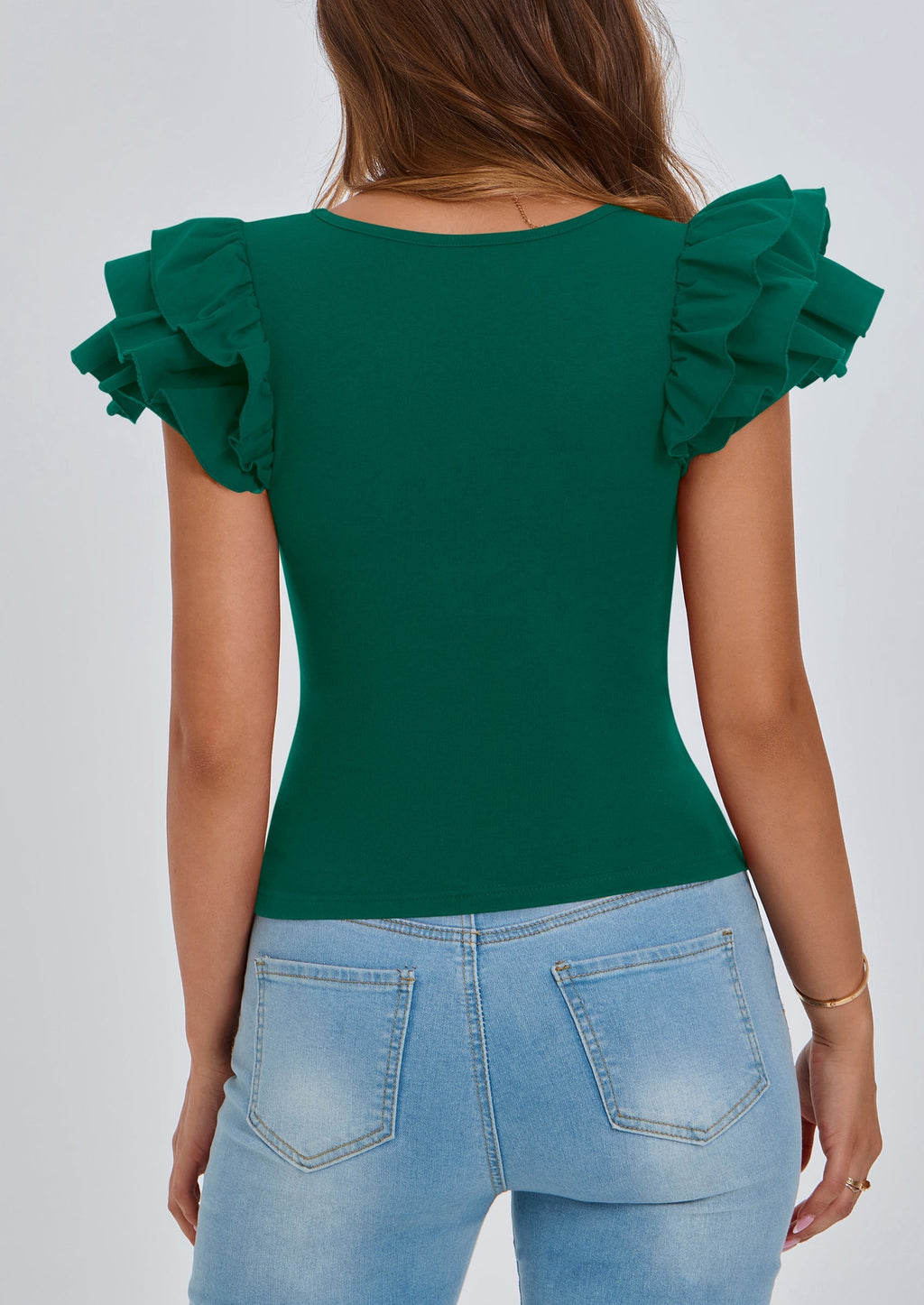 Women's Ruffle Short Sleeve Shirts Summer Casual Basic Tee Cute Fitted Crew Neck Fashion Tops Clothes