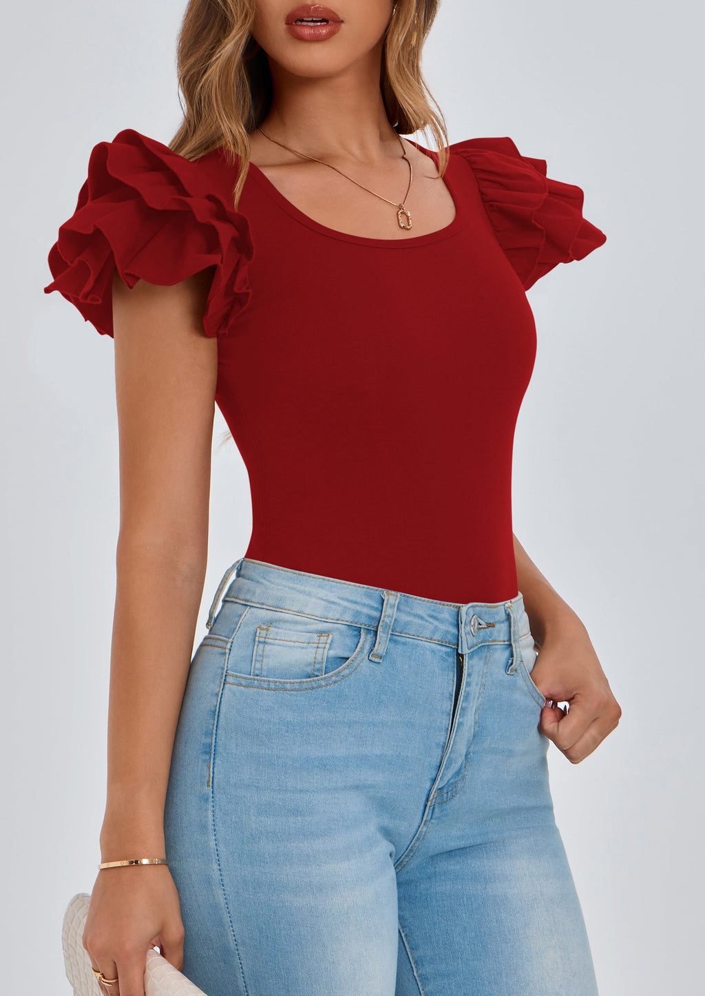 Women's Ruffle Short Sleeve Shirts Summer Casual Basic Tee Cute Fitted Crew Neck Fashion Tops Clothes