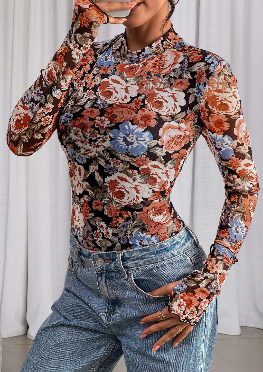 Womens Fall Mesh Floral Blouses Long Sleeve Going Out Tops Slim Fitted Shirts Date Night Outfits