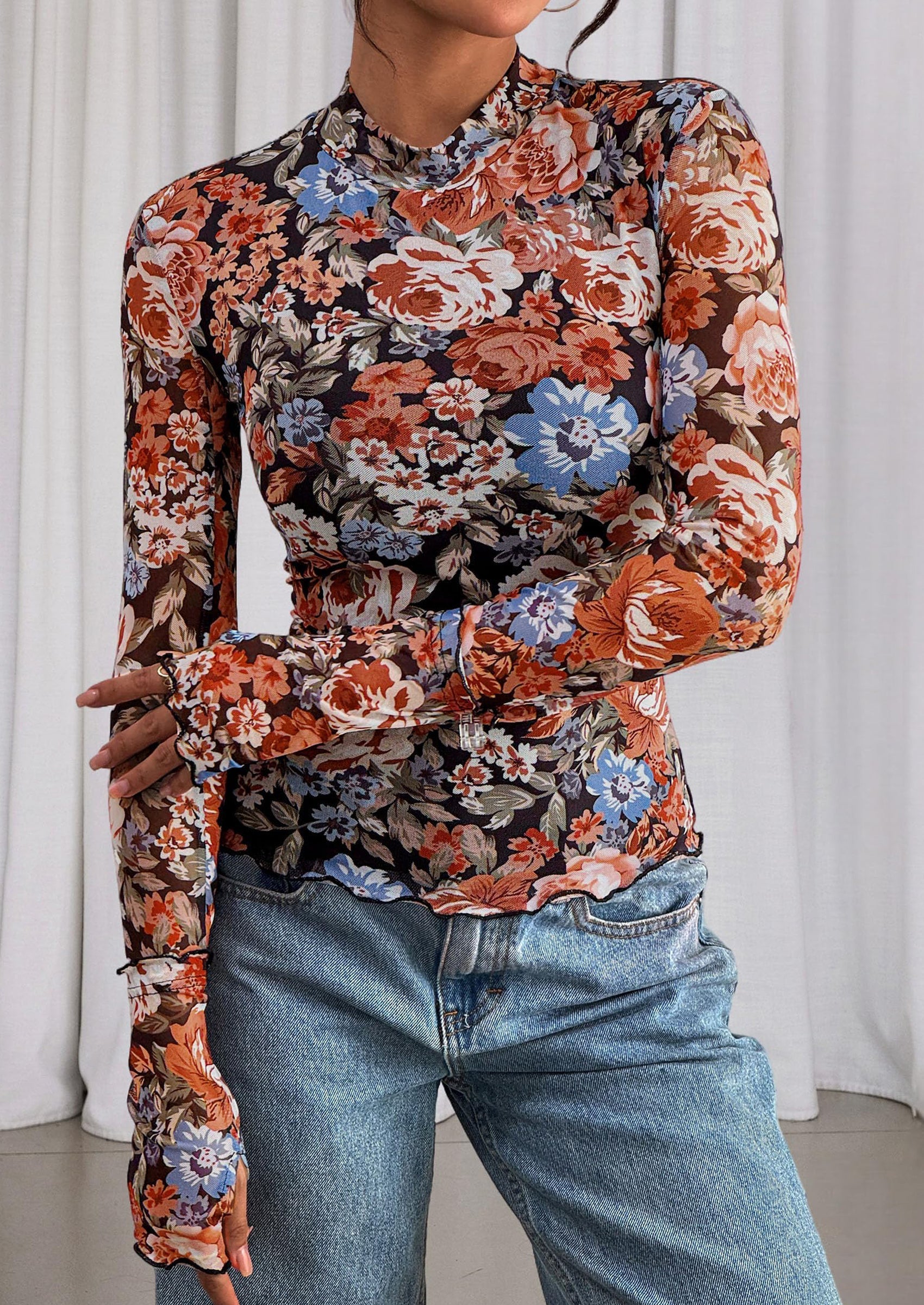 Womens Fall Mesh Floral Blouses Long Sleeve Going Out Tops Slim Fitted Shirts Date Night Outfits