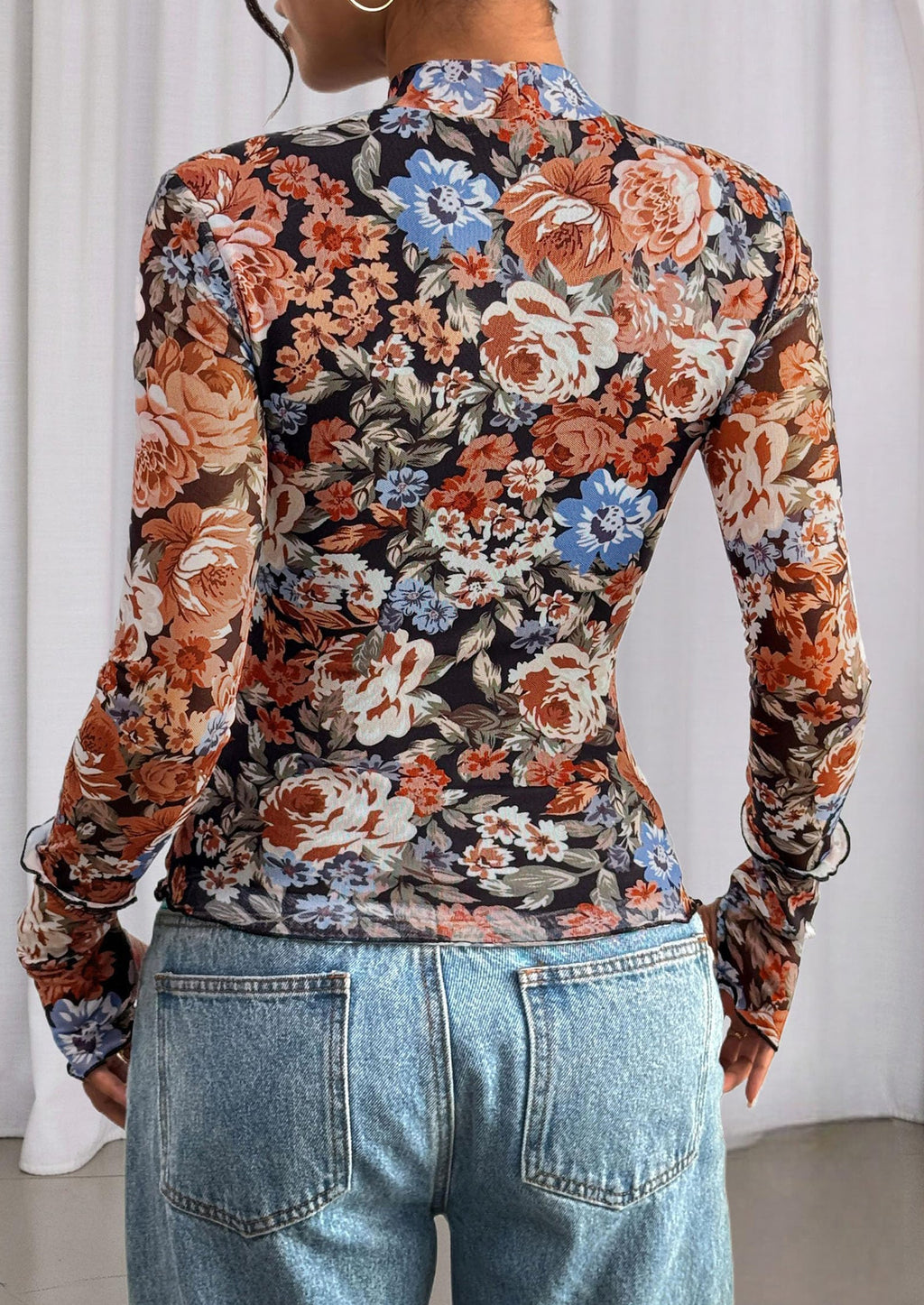 Womens Fall Mesh Floral Blouses Long Sleeve Going Out Tops Slim Fitted Shirts Date Night Outfits