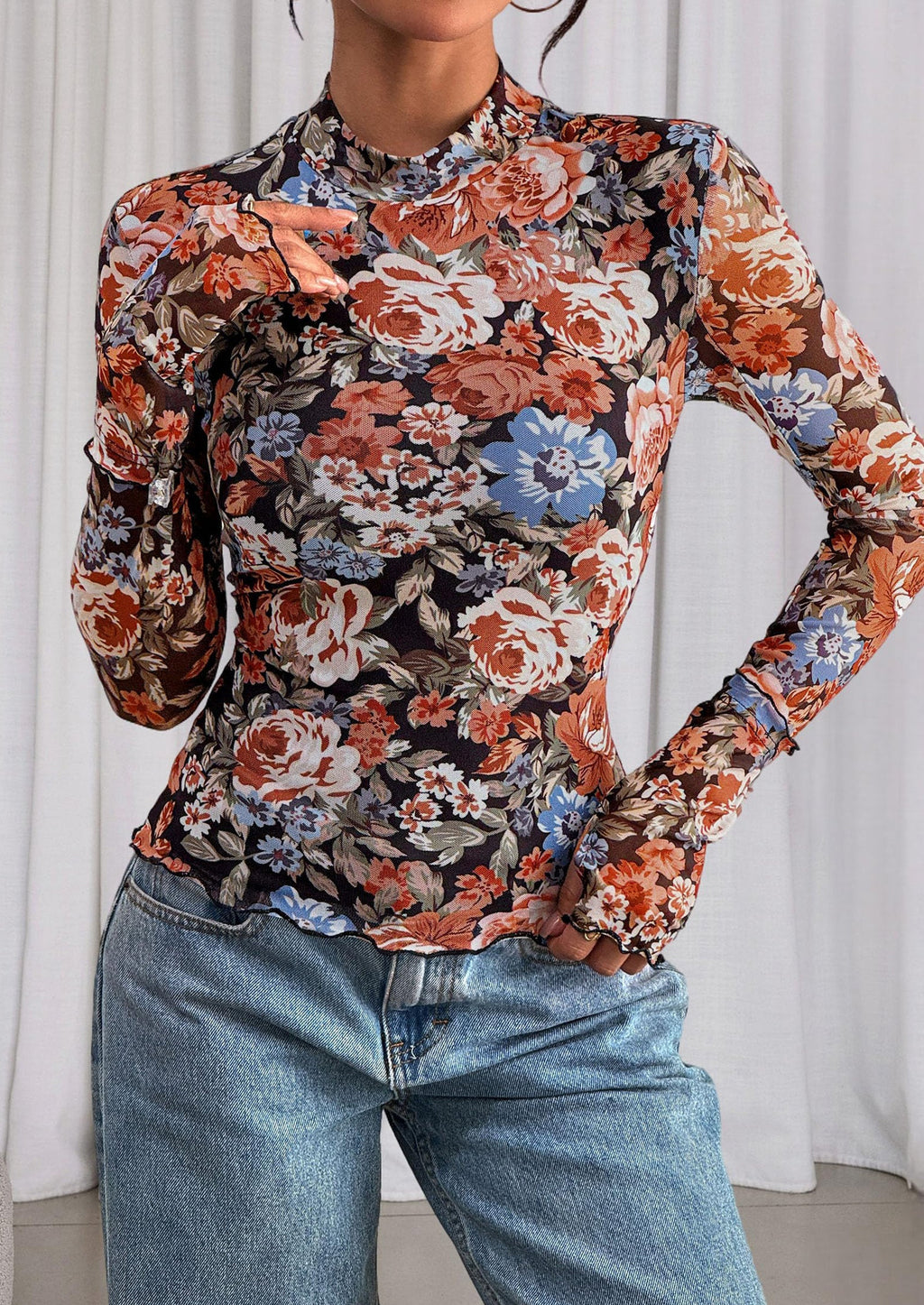 Womens Fall Mesh Floral Blouses Long Sleeve Going Out Tops Slim Fitted Shirts Date Night Outfits