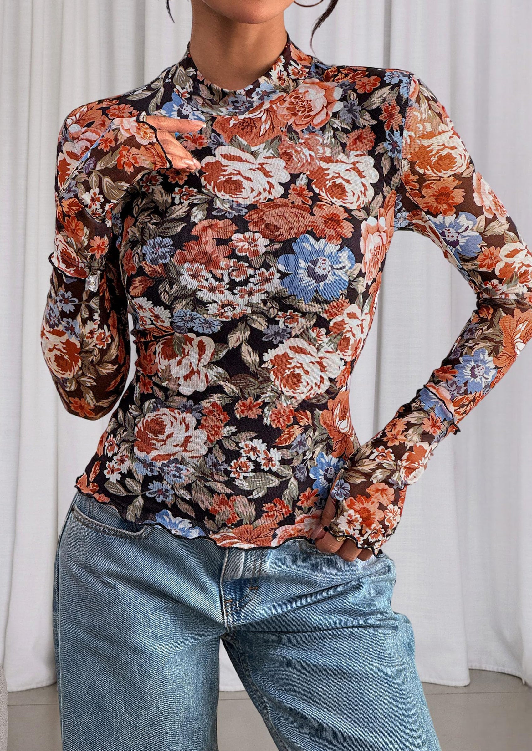 Womens Fall Mesh Floral Blouses Long Sleeve Going Out Tops Slim Fitted Shirts Date Night Outfits