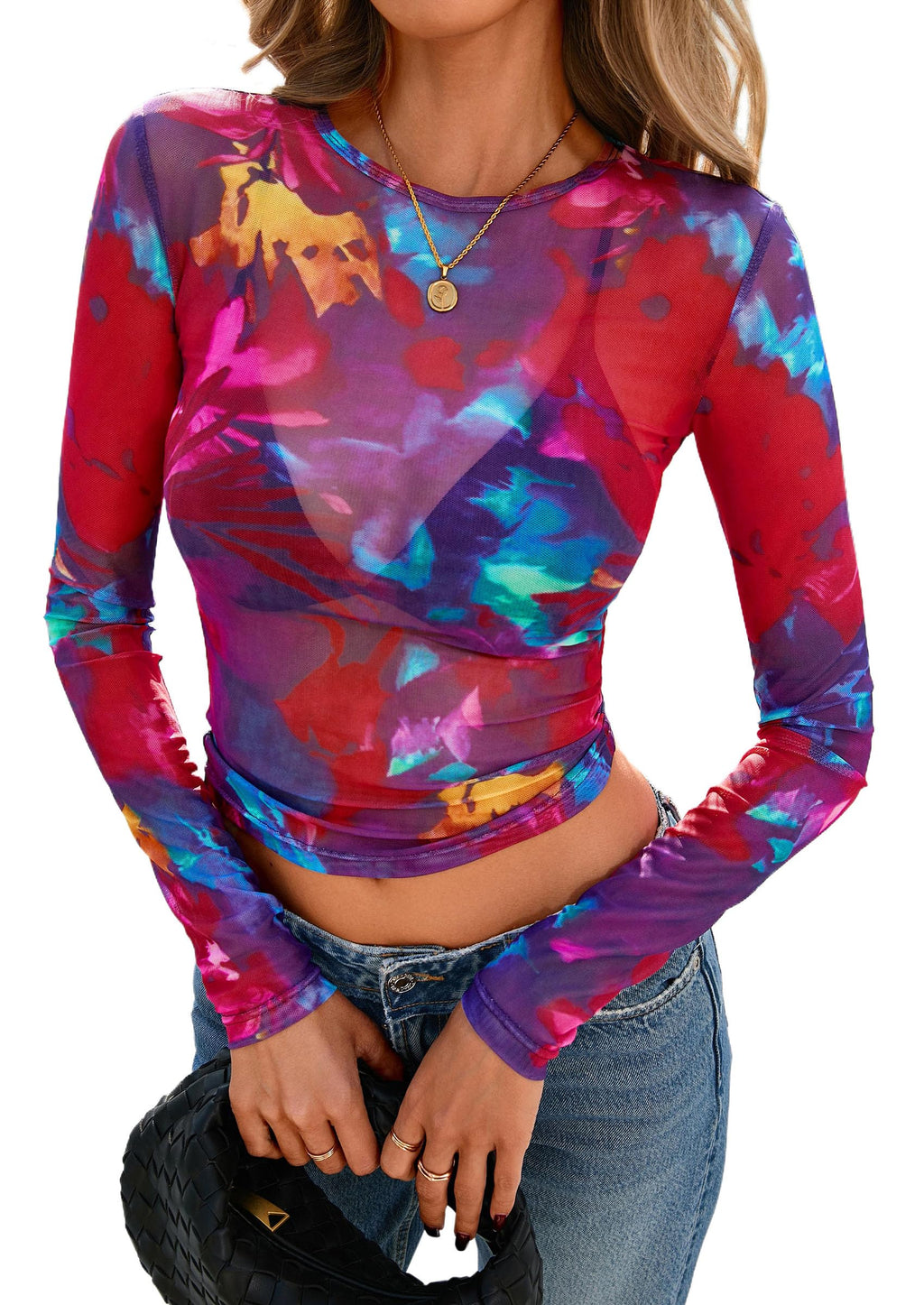 Women's Mesh Long Sleeve Top Trendy Fall See Through Sheer Blouse Leopard Fitted Going Out Layering Shirts