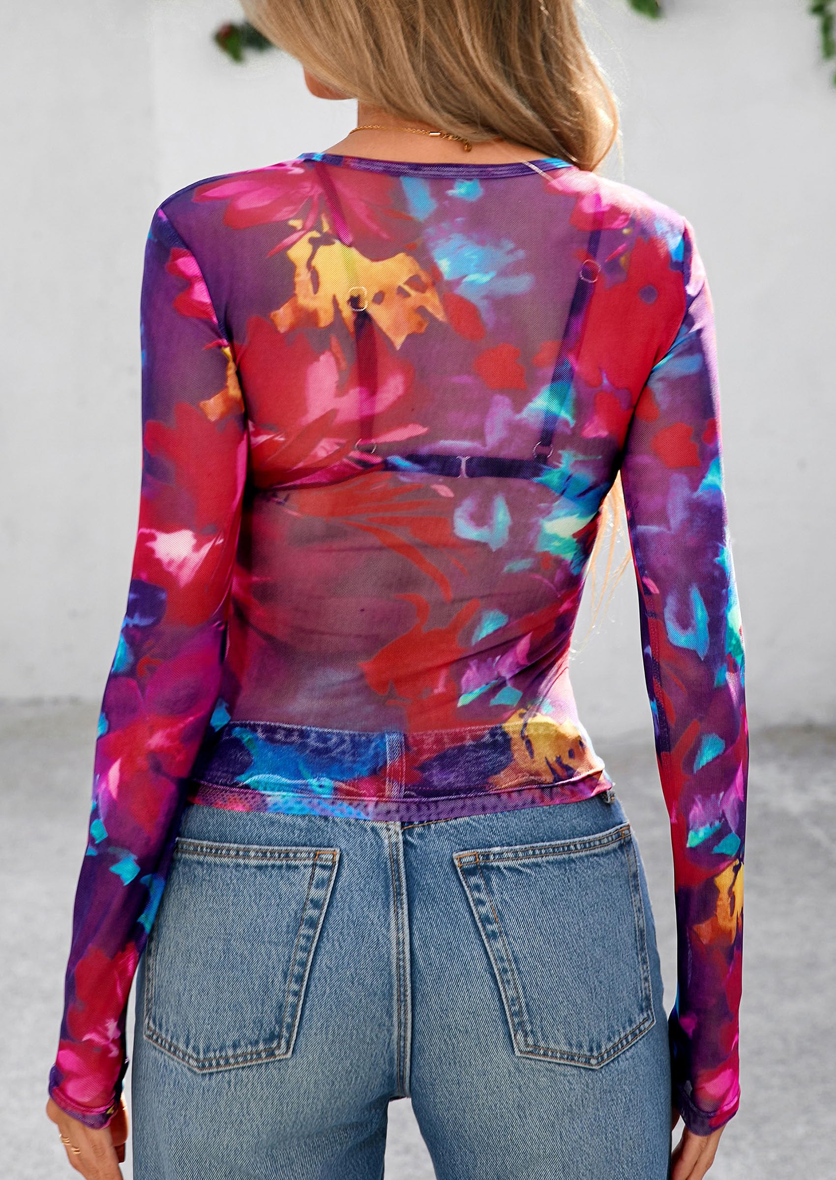 Women's Mesh Long Sleeve Top Trendy Fall See Through Sheer Blouse Leopard Fitted Going Out Layering Shirts