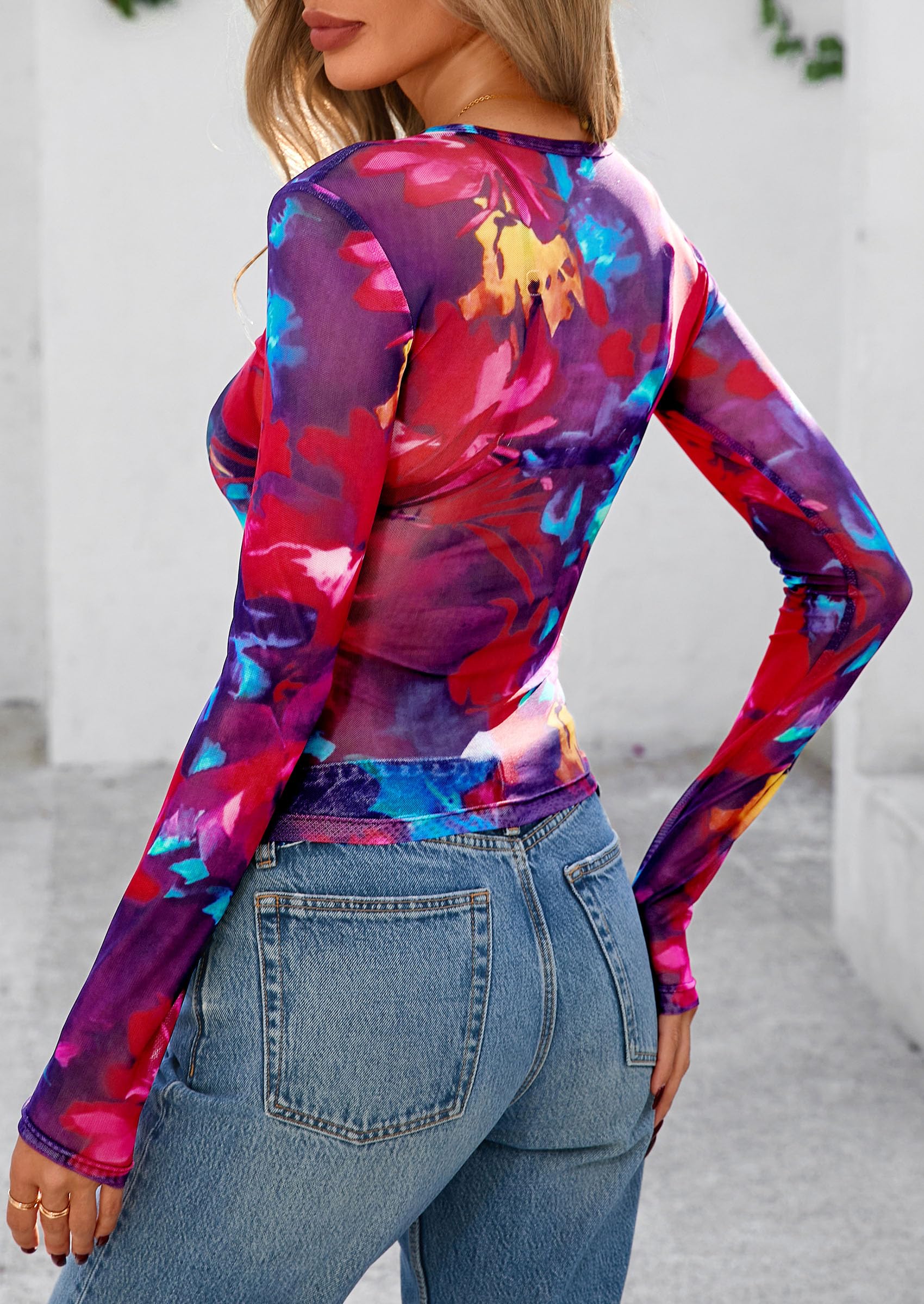 Women's Mesh Long Sleeve Top Trendy Fall See Through Sheer Blouse Leopard Fitted Going Out Layering Shirts