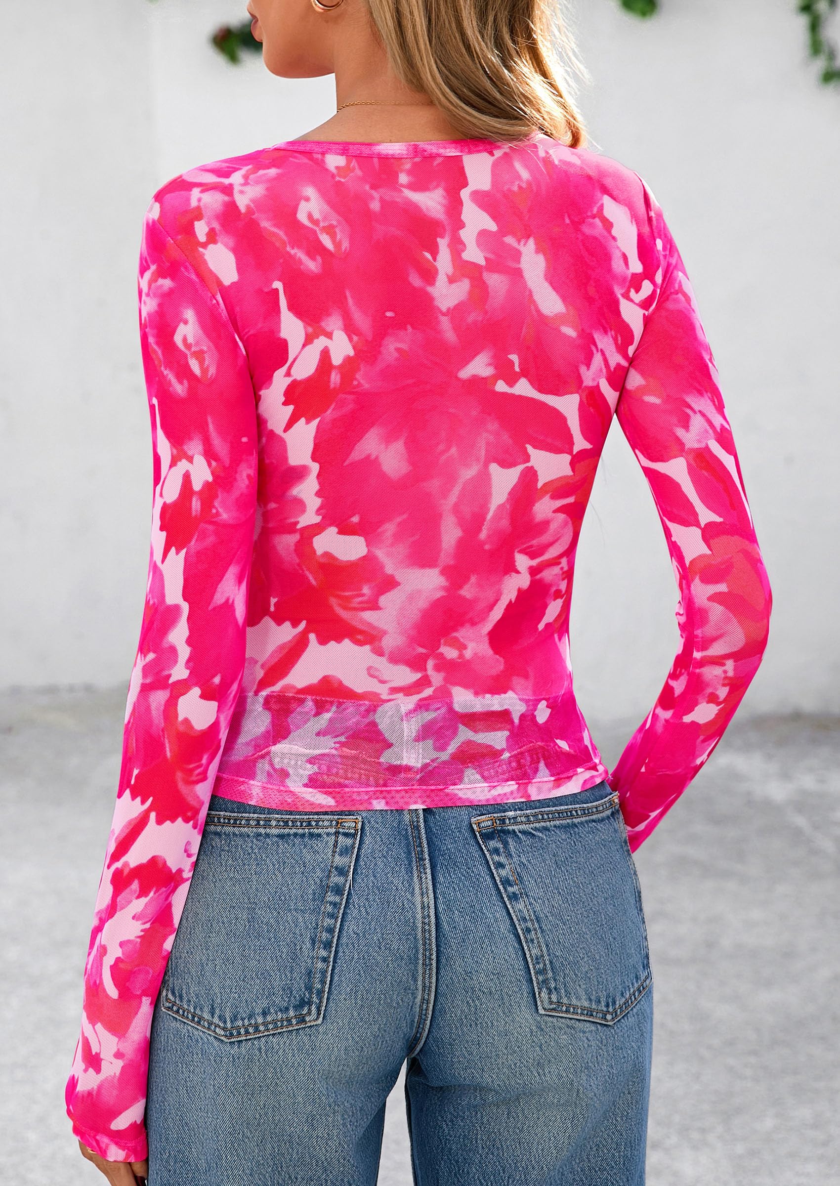 Women's Mesh Long Sleeve Top Trendy Fall See Through Sheer Blouse Leopard Fitted Going Out Layering Shirts