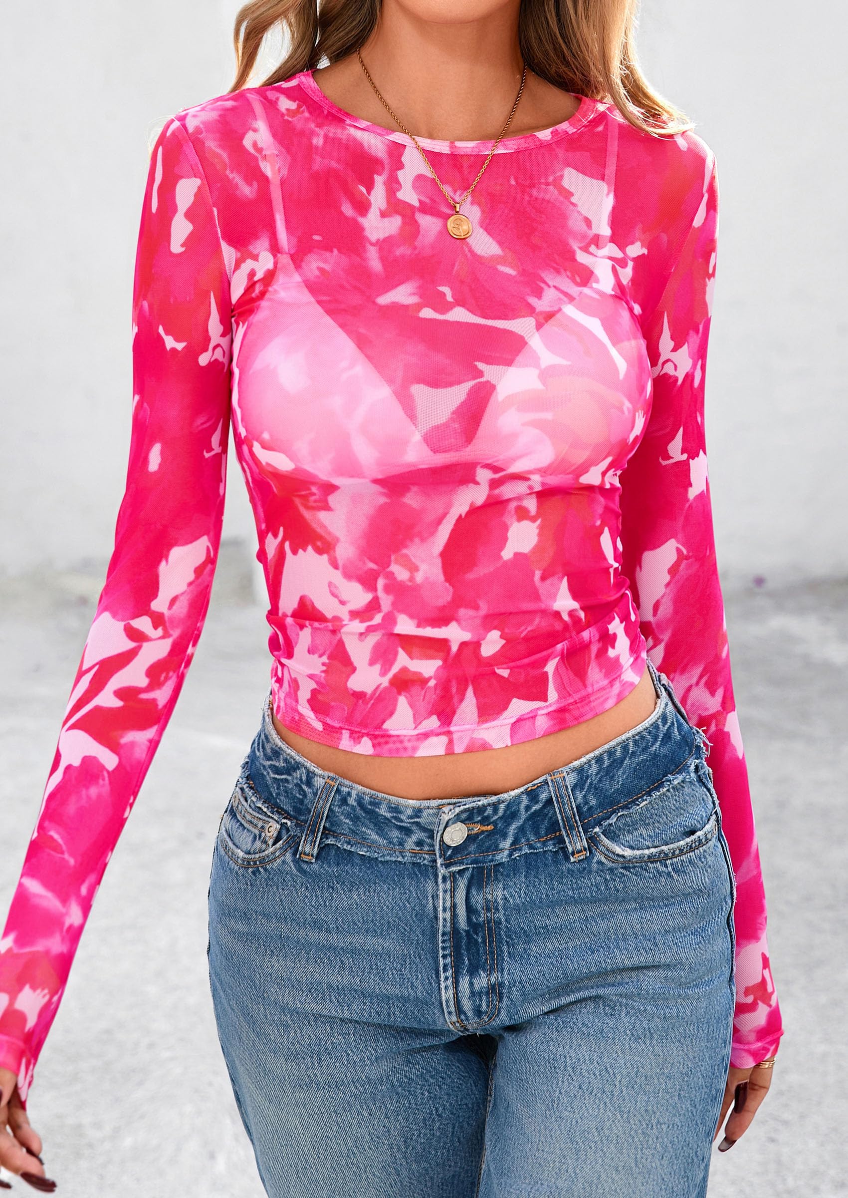 Women's Mesh Long Sleeve Top Trendy Fall See Through Sheer Blouse Leopard Fitted Going Out Layering Shirts