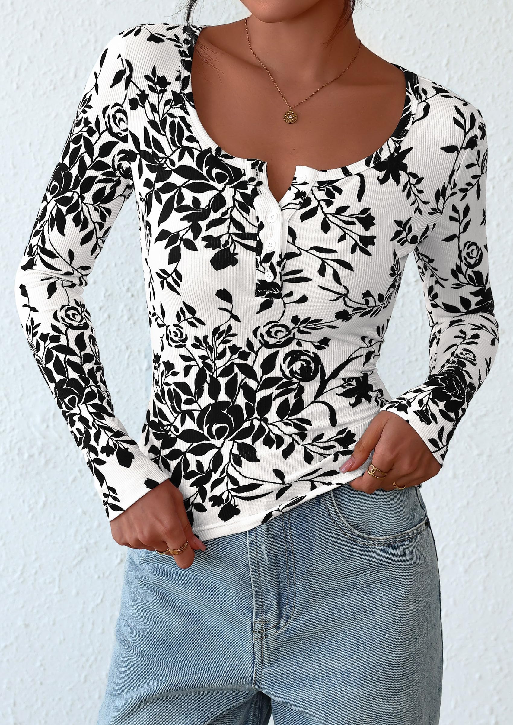 Women's Fall Long Sleeve Henley T Shirts Button Ribbed Knit Slim Fit Basic Tops Blouse Casual Outfits