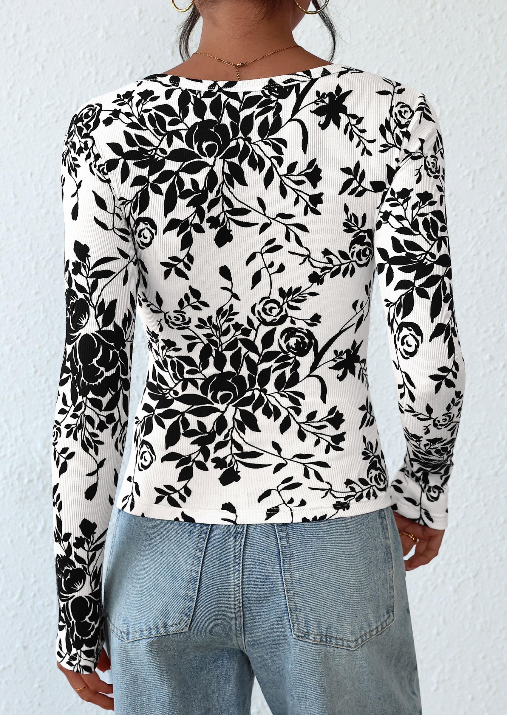 Women's Fall Long Sleeve Henley T Shirts Button Ribbed Knit Slim Fit Basic Tops Blouse Casual Outfits