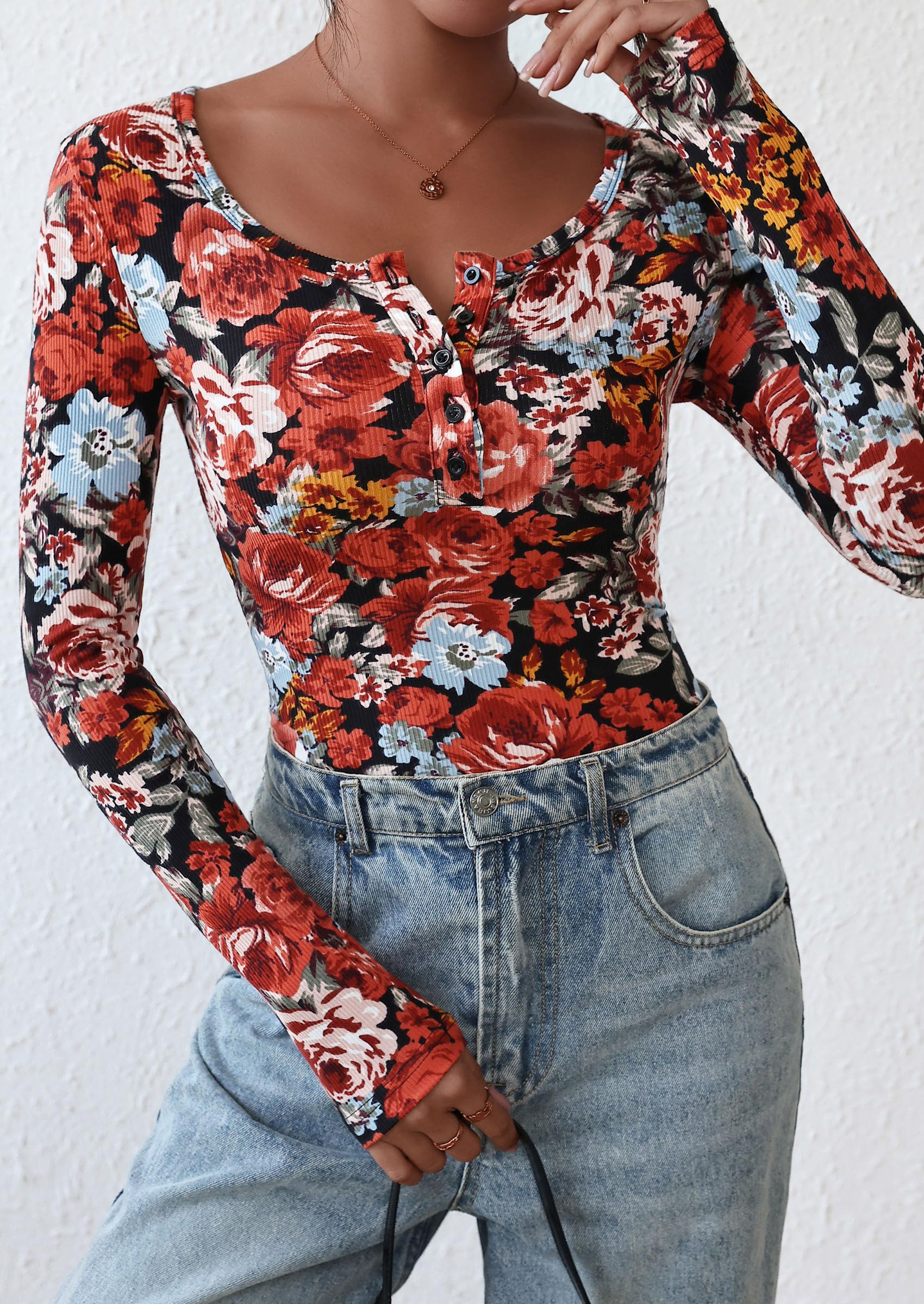 Women's Fall Long Sleeve Henley T Shirts Button Ribbed Knit Slim Fit Basic Tops Blouse Casual Outfits