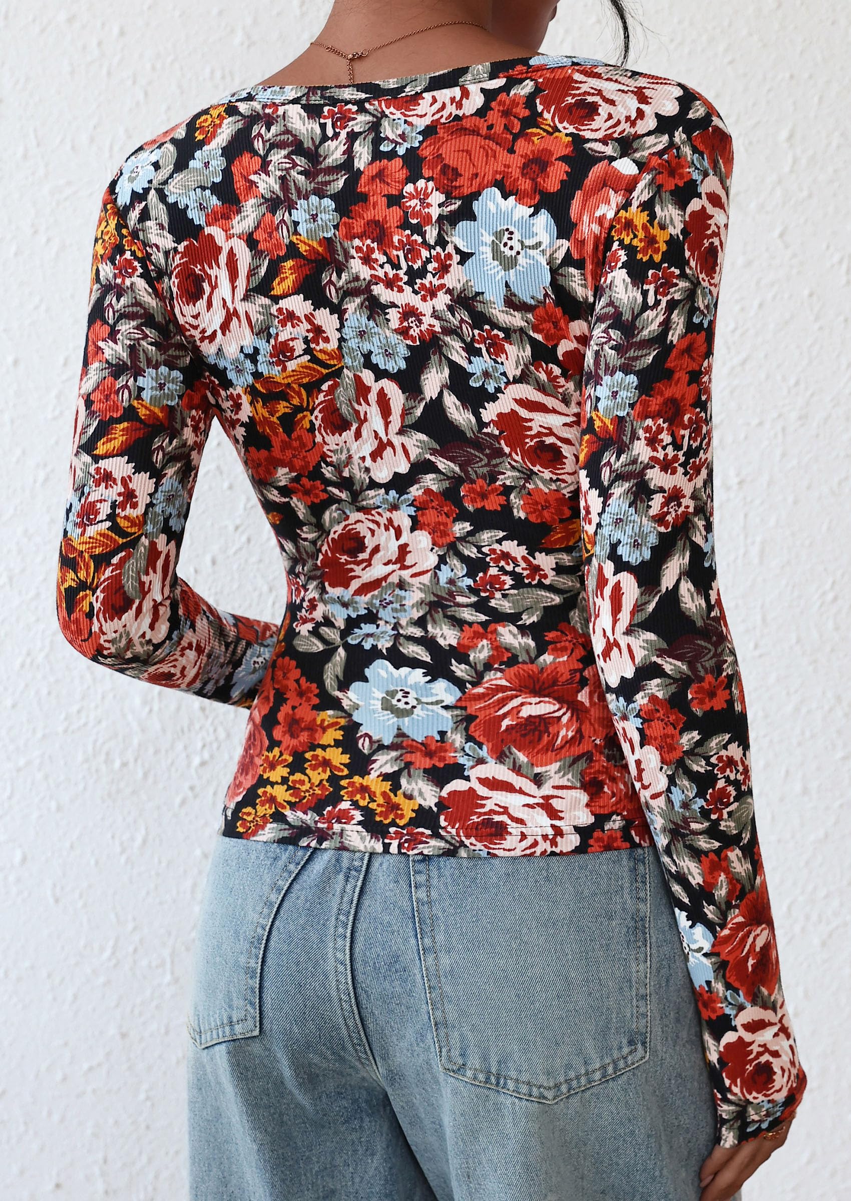 Women's Fall Long Sleeve Henley T Shirts Button Ribbed Knit Slim Fit Basic Tops Blouse Casual Outfits