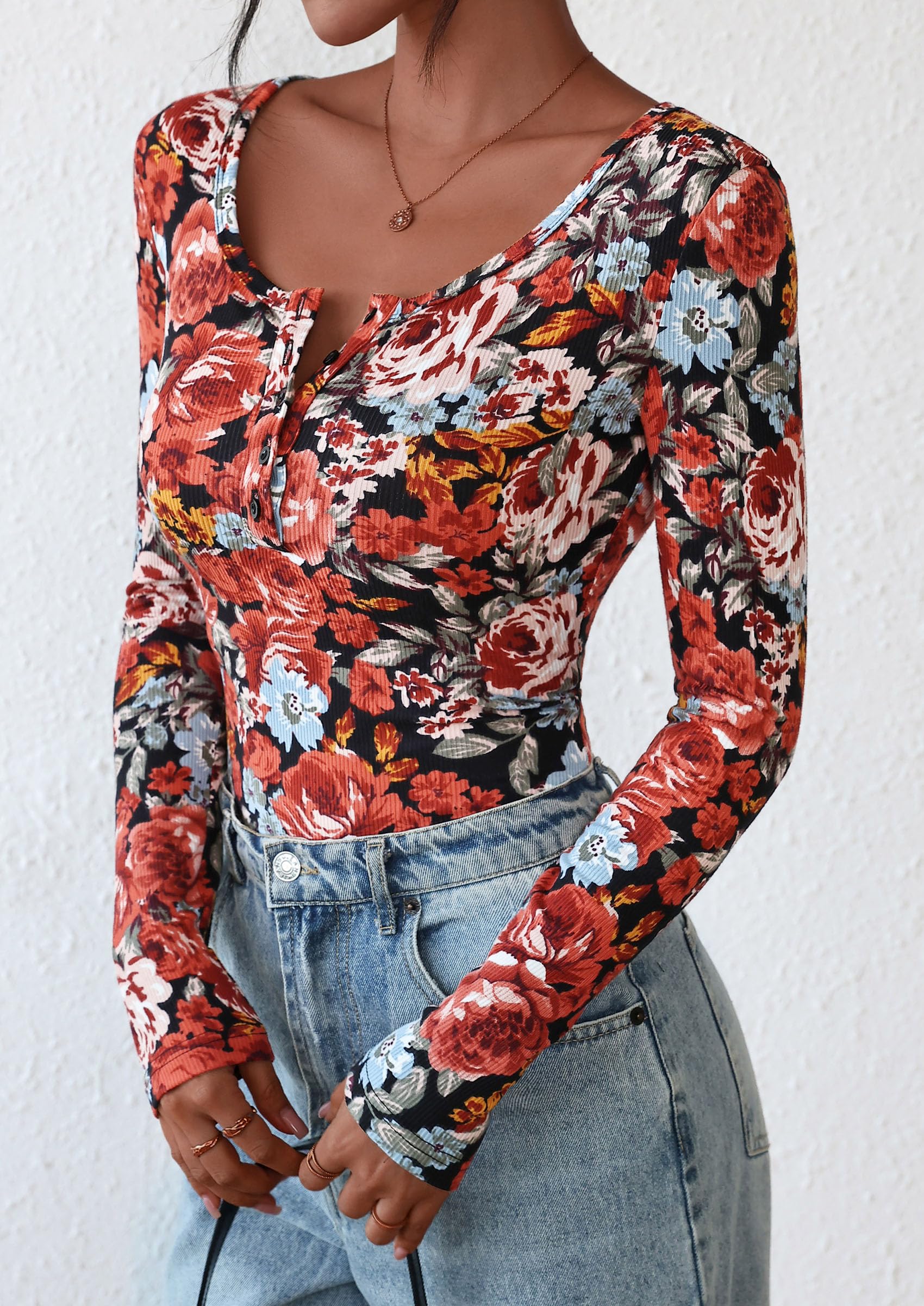 Women's Fall Long Sleeve Henley T Shirts Button Ribbed Knit Slim Fit Basic Tops Blouse Casual Outfits