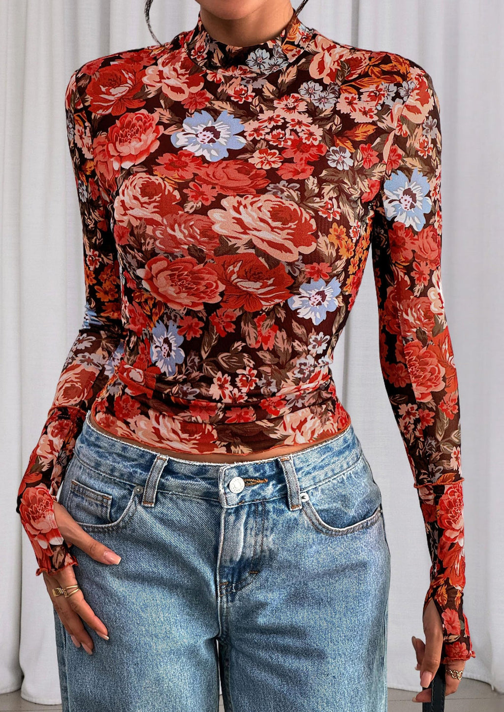 Womens Fall Mesh Floral Blouses Long Sleeve Going Out Tops Slim Fitted Shirts Date Night Outfits