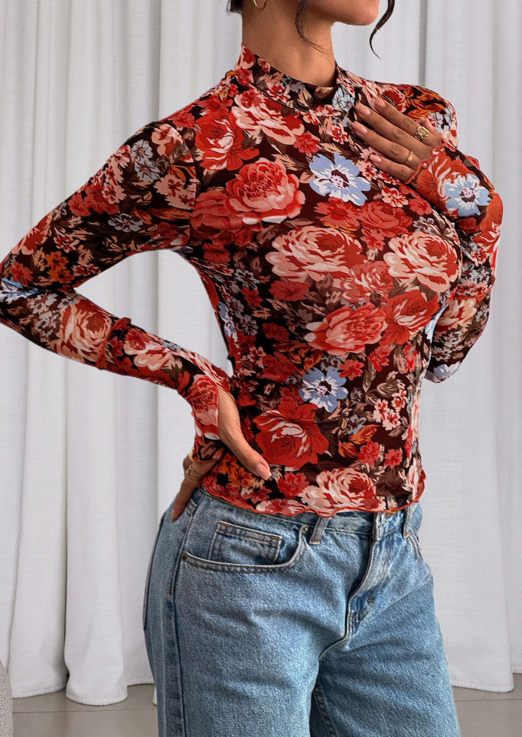 Womens Fall Mesh Floral Blouses Long Sleeve Going Out Tops Slim Fitted Shirts Date Night Outfits