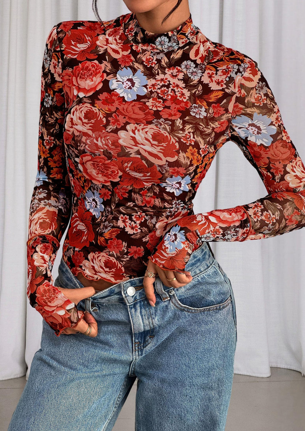 Womens Fall Mesh Floral Blouses Long Sleeve Going Out Tops Slim Fitted Shirts Date Night Outfits