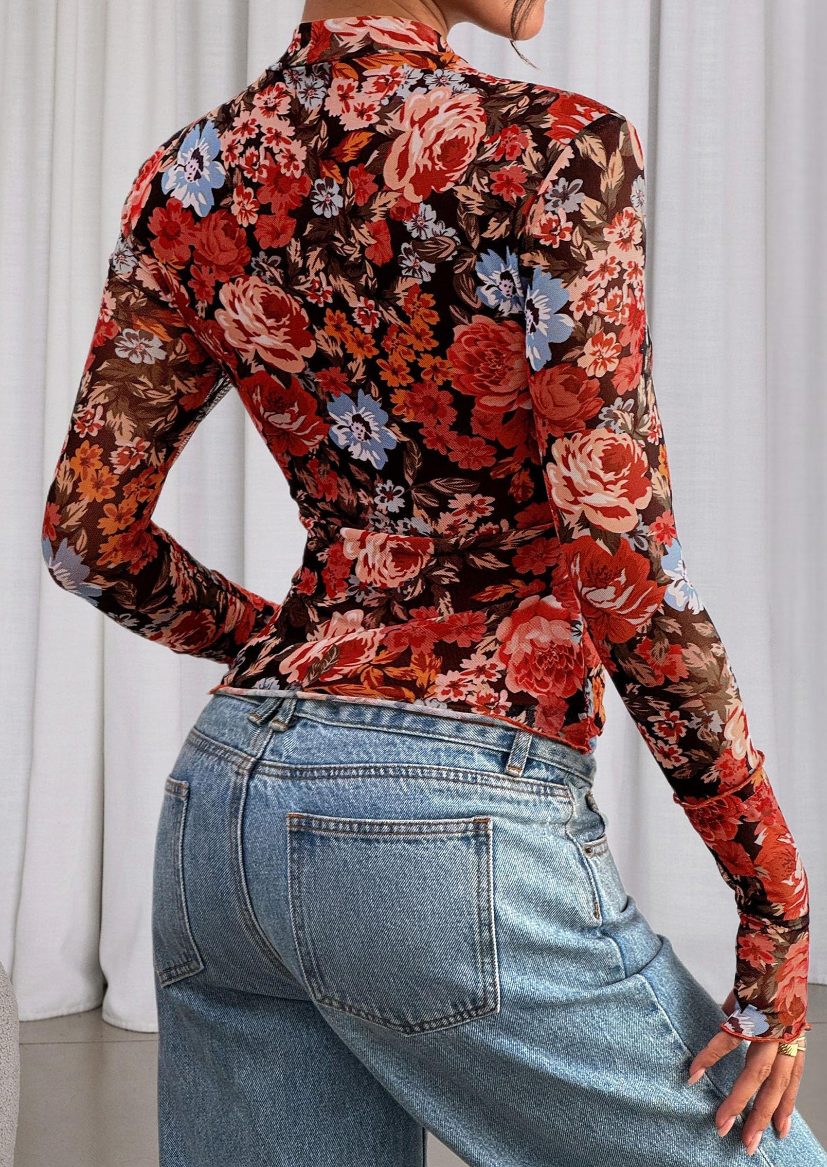 Womens Fall Mesh Floral Blouses Long Sleeve Going Out Tops Slim Fitted Shirts Date Night Outfits