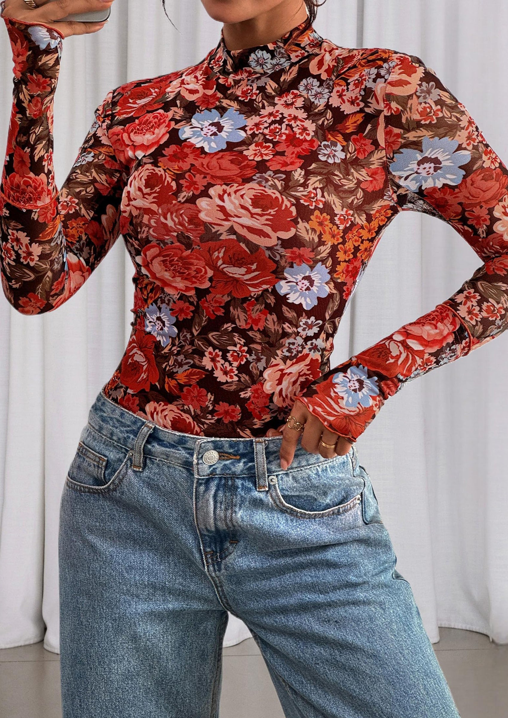 Womens Fall Mesh Floral Blouses Long Sleeve Going Out Tops Slim Fitted Shirts Date Night Outfits