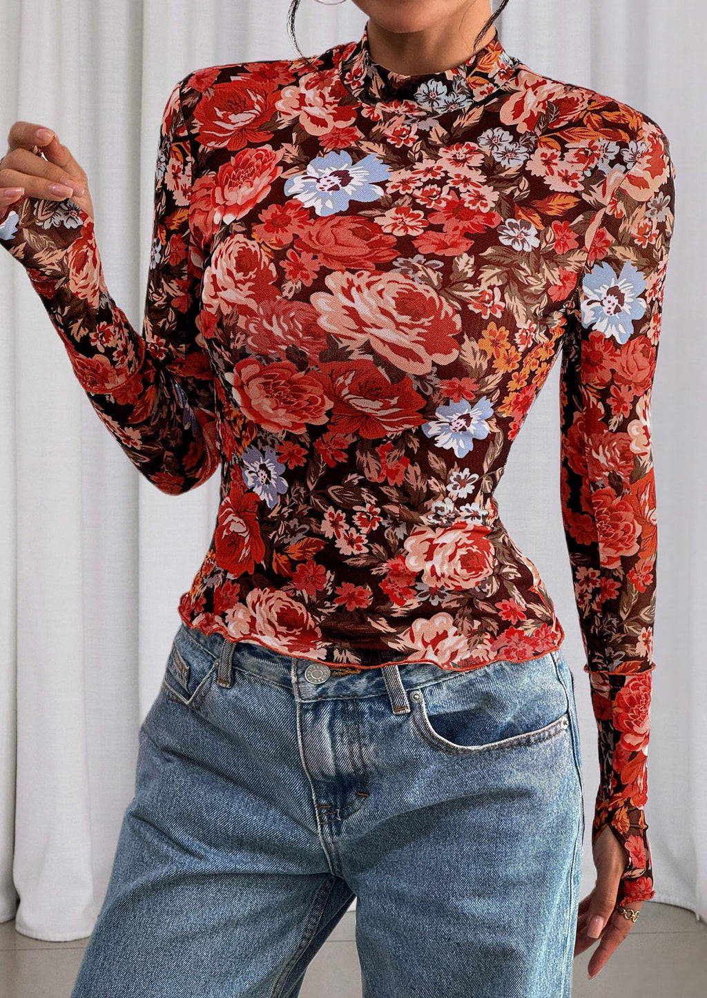 Womens Fall Mesh Floral Blouses Long Sleeve Going Out Tops Slim Fitted Shirts Date Night Outfits