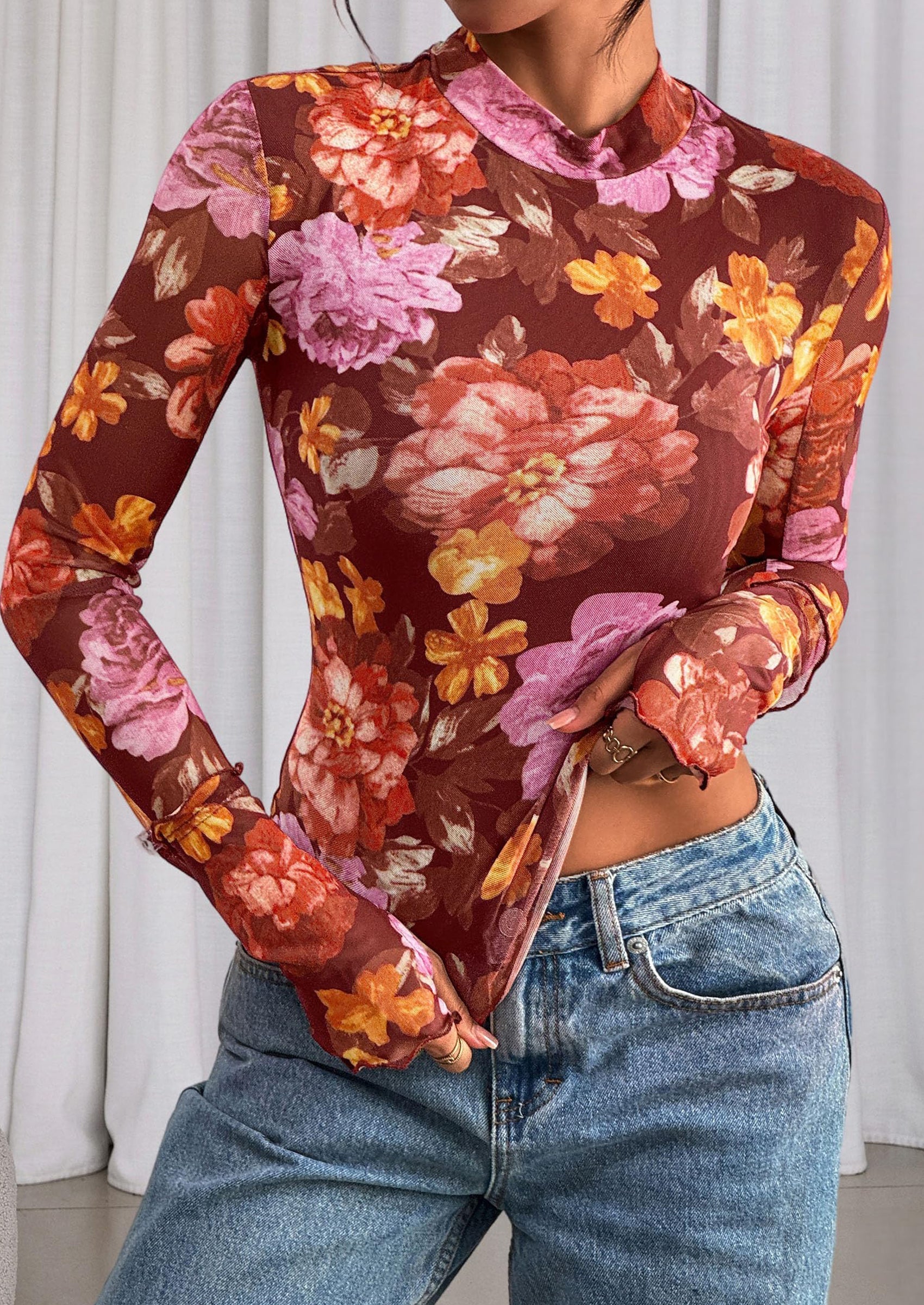 Womens Fall Mesh Floral Blouses Long Sleeve Going Out Tops Slim Fitted Shirts Date Night Outfits
