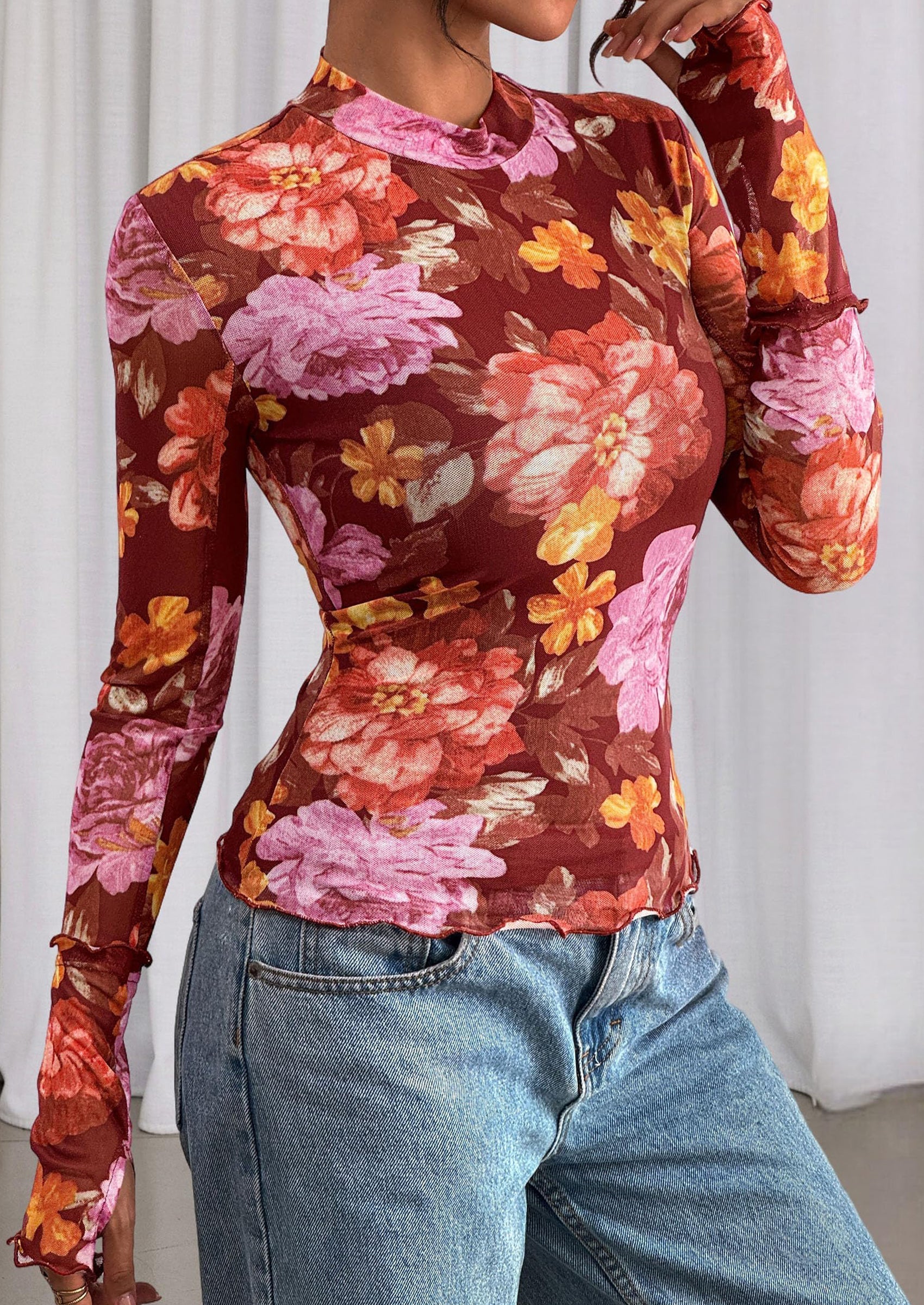 Womens Fall Mesh Floral Blouses Long Sleeve Going Out Tops Slim Fitted Shirts Date Night Outfits