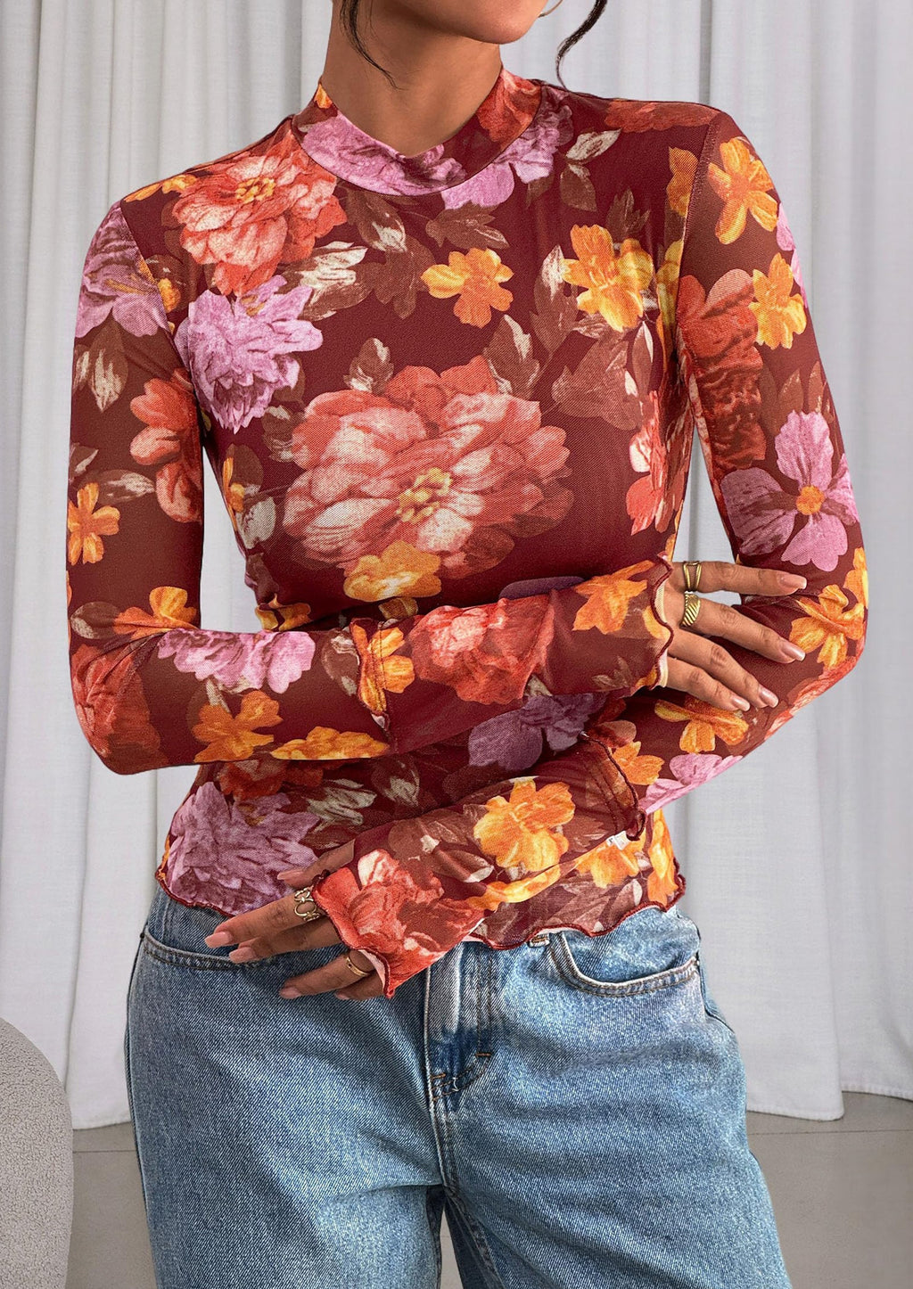 Womens Fall Mesh Floral Blouses Long Sleeve Going Out Tops Slim Fitted Shirts Date Night Outfits
