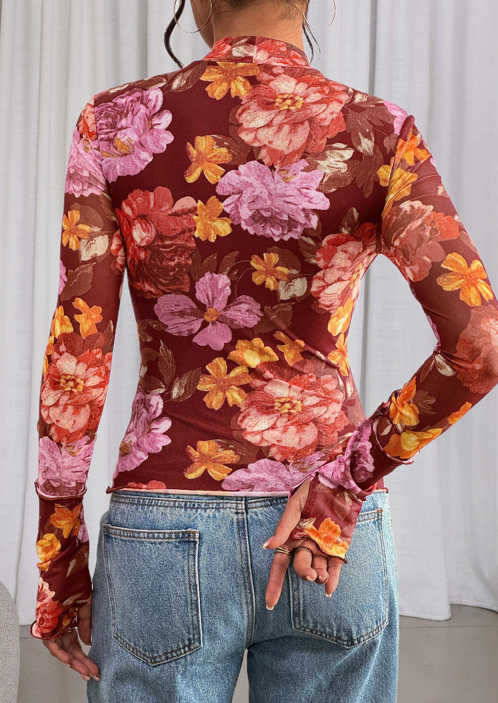 Womens Fall Mesh Floral Blouses Long Sleeve Going Out Tops Slim Fitted Shirts Date Night Outfits
