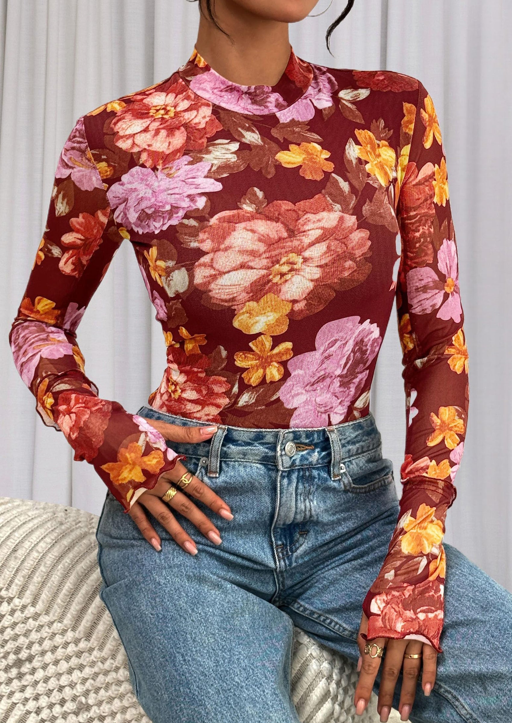 Womens Fall Mesh Floral Blouses Long Sleeve Going Out Tops Slim Fitted Shirts Date Night Outfits