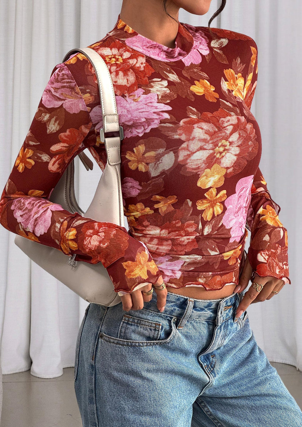 Womens Fall Mesh Floral Blouses Long Sleeve Going Out Tops Slim Fitted Shirts Date Night Outfits