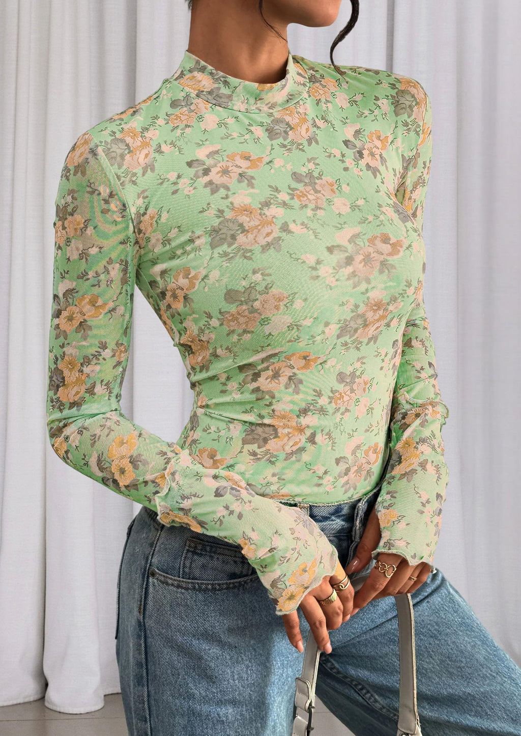 Womens Fall Mesh Floral Blouses Long Sleeve Going Out Tops Slim Fitted Shirts Date Night Outfits