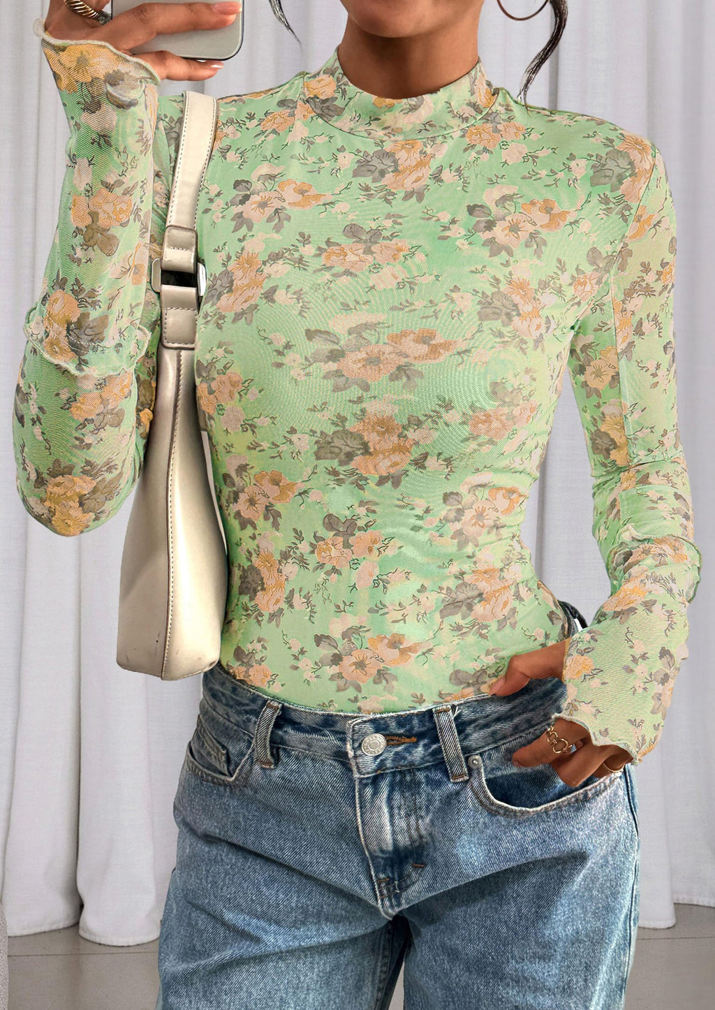 Womens Fall Mesh Floral Blouses Long Sleeve Going Out Tops Slim Fitted Shirts Date Night Outfits