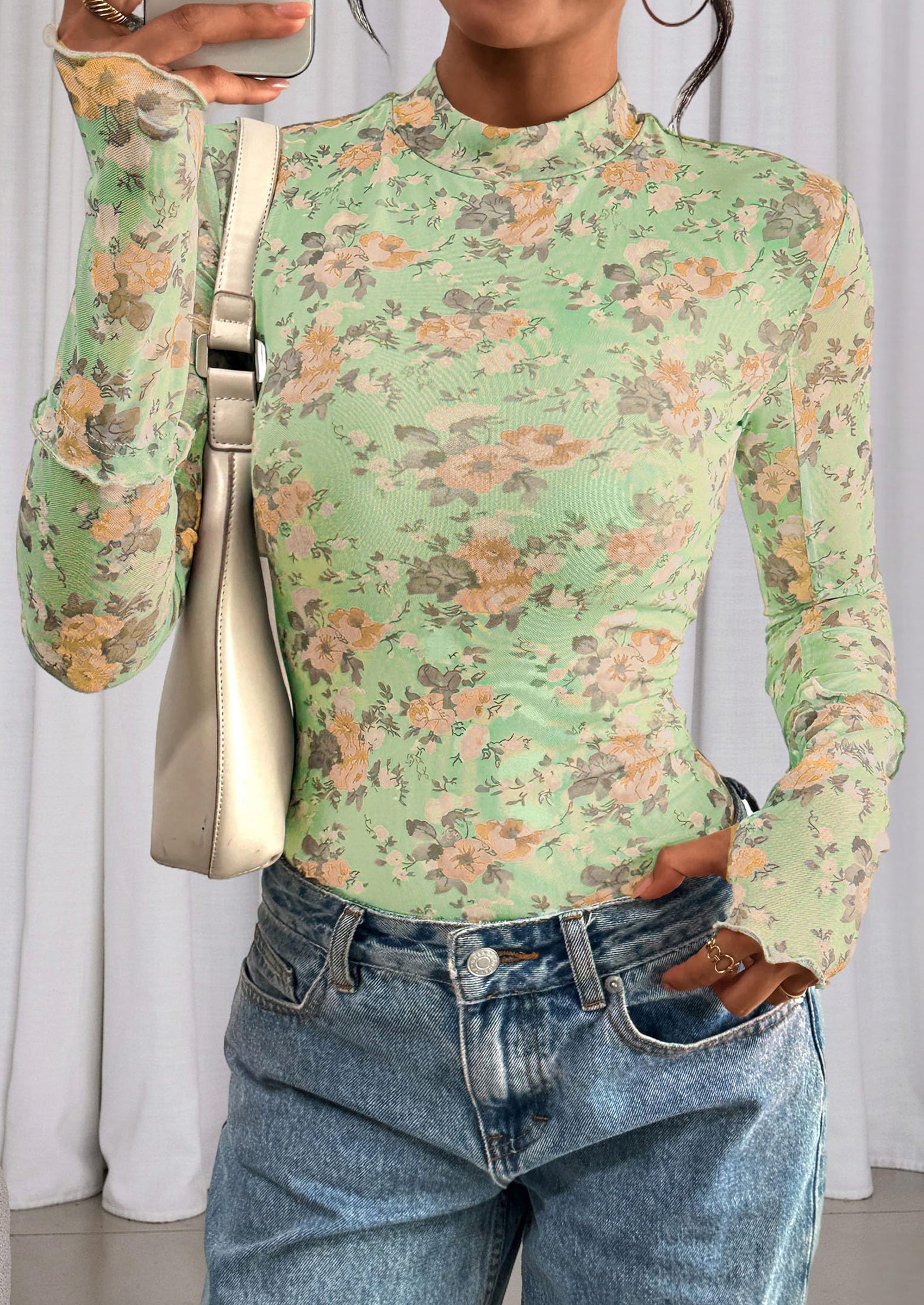 Womens Fall Mesh Floral Blouses Long Sleeve Going Out Tops Slim Fitted Shirts Date Night Outfits