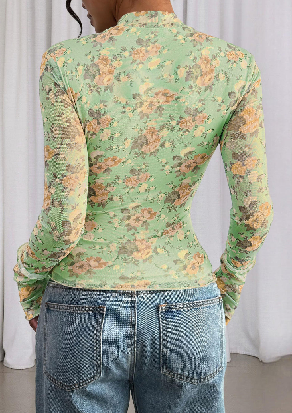 Womens Fall Mesh Floral Blouses Long Sleeve Going Out Tops Slim Fitted Shirts Date Night Outfits