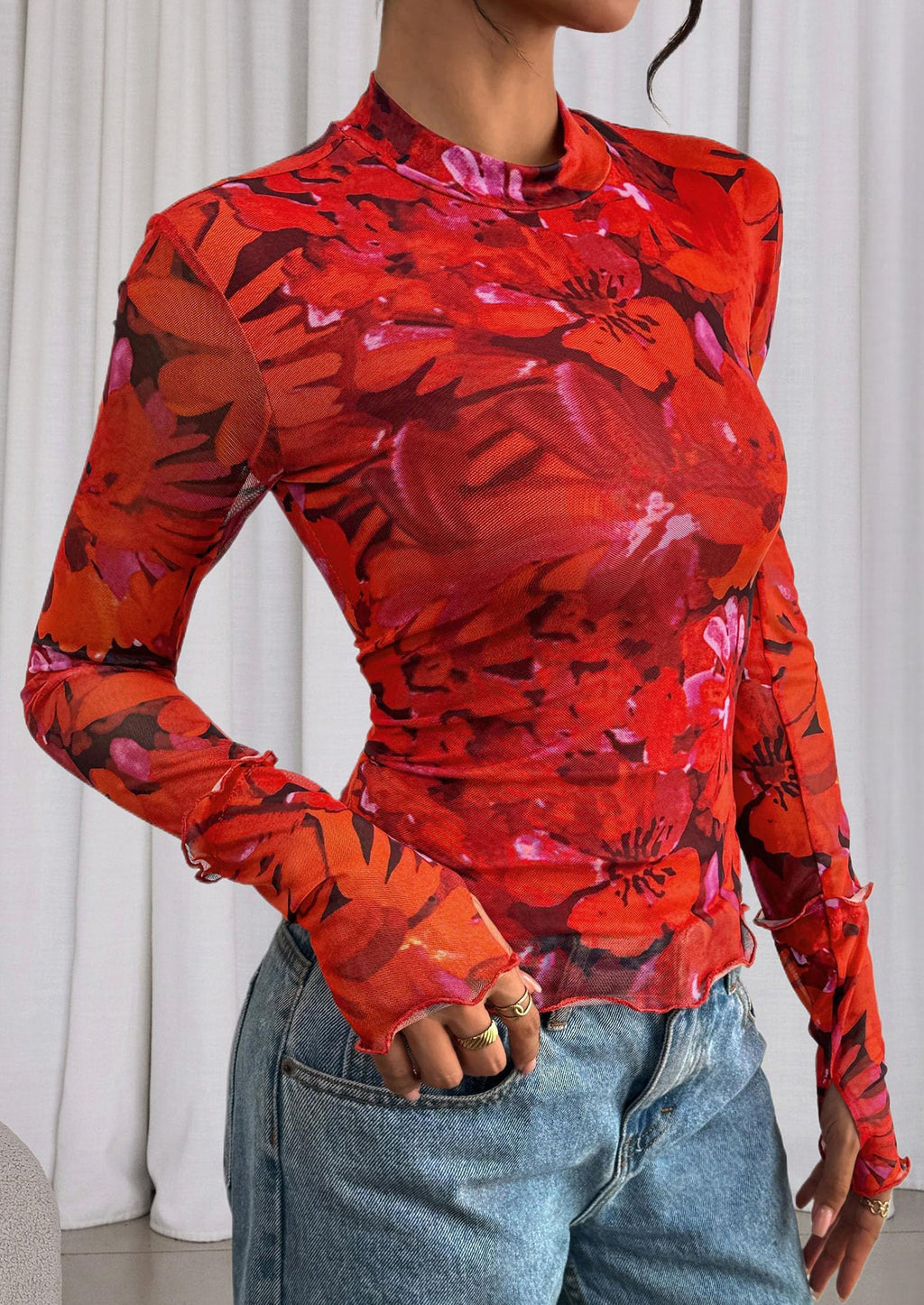 Womens Fall Mesh Floral Blouses Long Sleeve Going Out Tops Slim Fitted Shirts Date Night Outfits