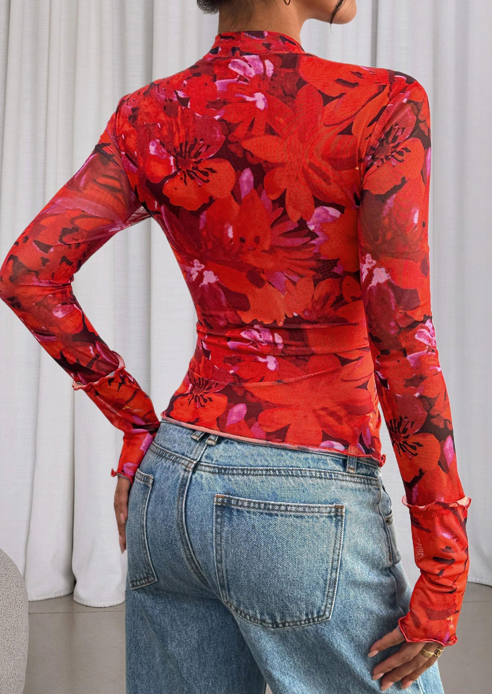 Womens Fall Mesh Floral Blouses Long Sleeve Going Out Tops Slim Fitted Shirts Date Night Outfits