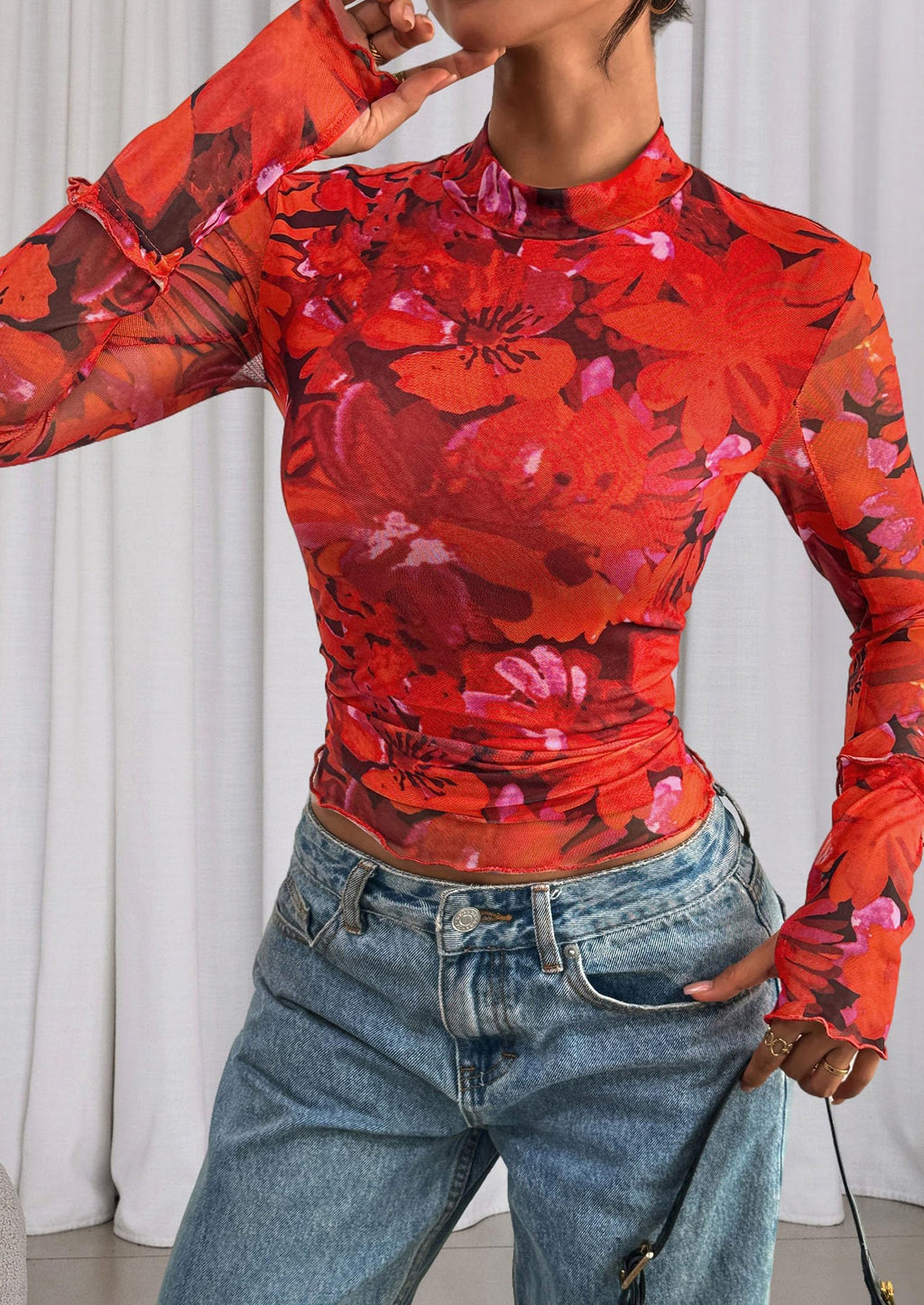 Womens Fall Mesh Floral Blouses Long Sleeve Going Out Tops Slim Fitted Shirts Date Night Outfits