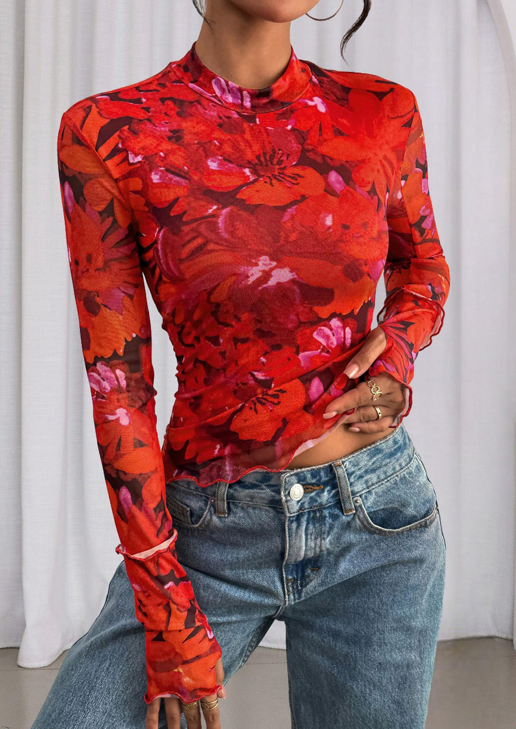 Womens Fall Mesh Floral Blouses Long Sleeve Going Out Tops Slim Fitted Shirts Date Night Outfits