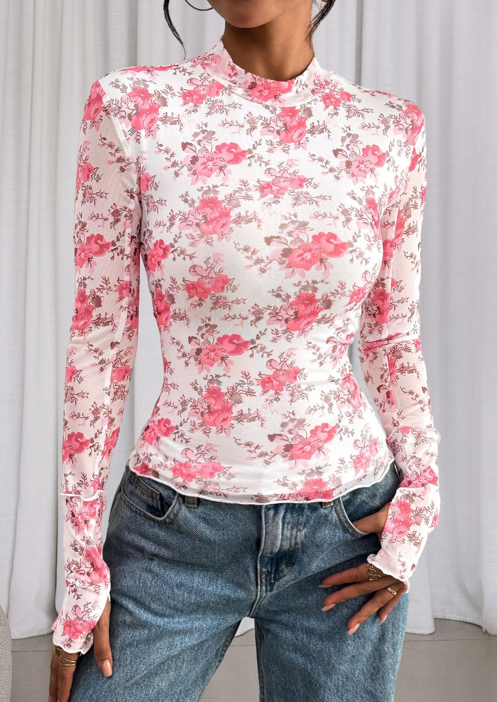 Womens Fall Mesh Floral Blouses Long Sleeve Going Out Tops Slim Fitted Shirts Date Night Outfits