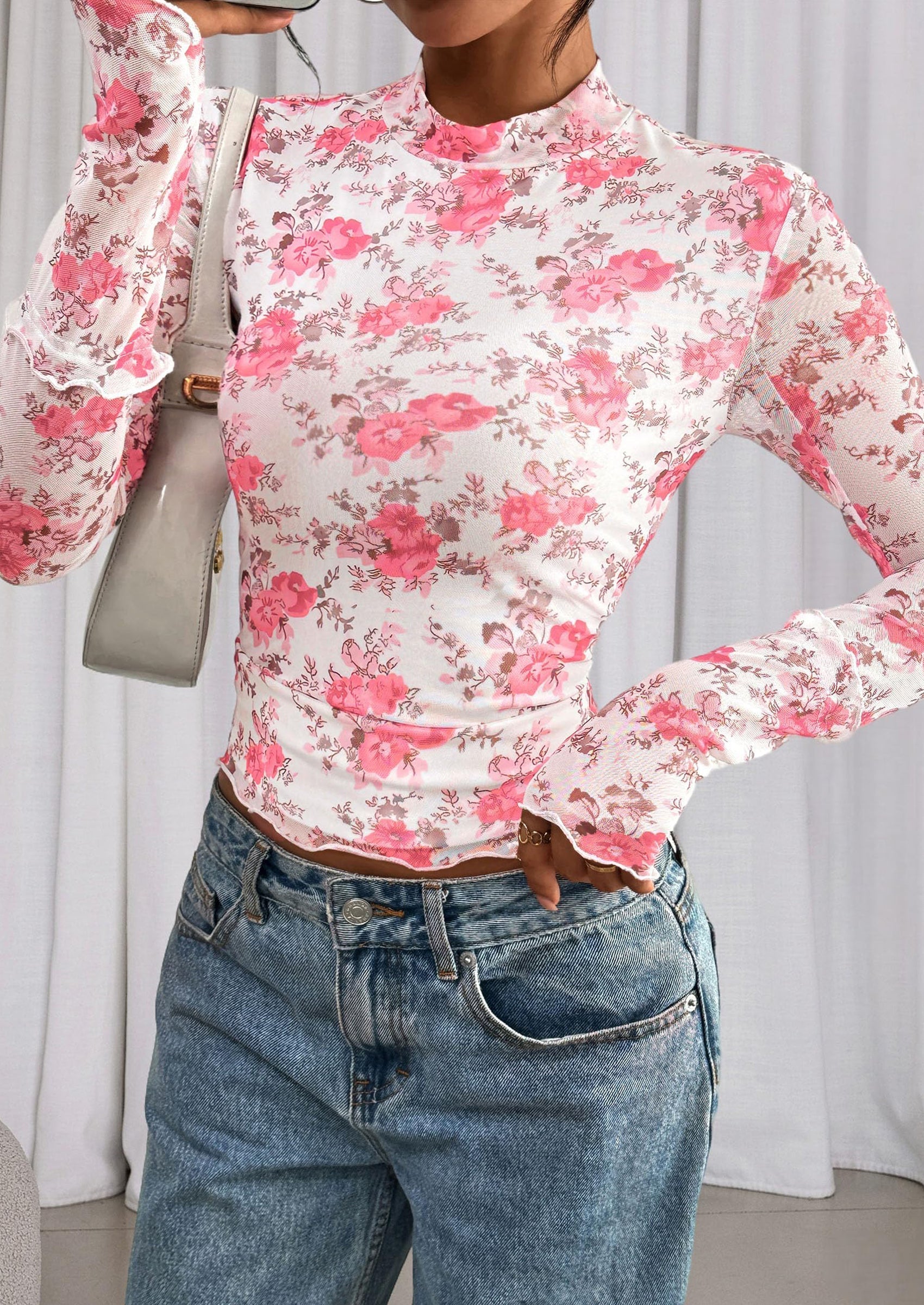 Womens Fall Mesh Floral Blouses Long Sleeve Going Out Tops Slim Fitted Shirts Date Night Outfits