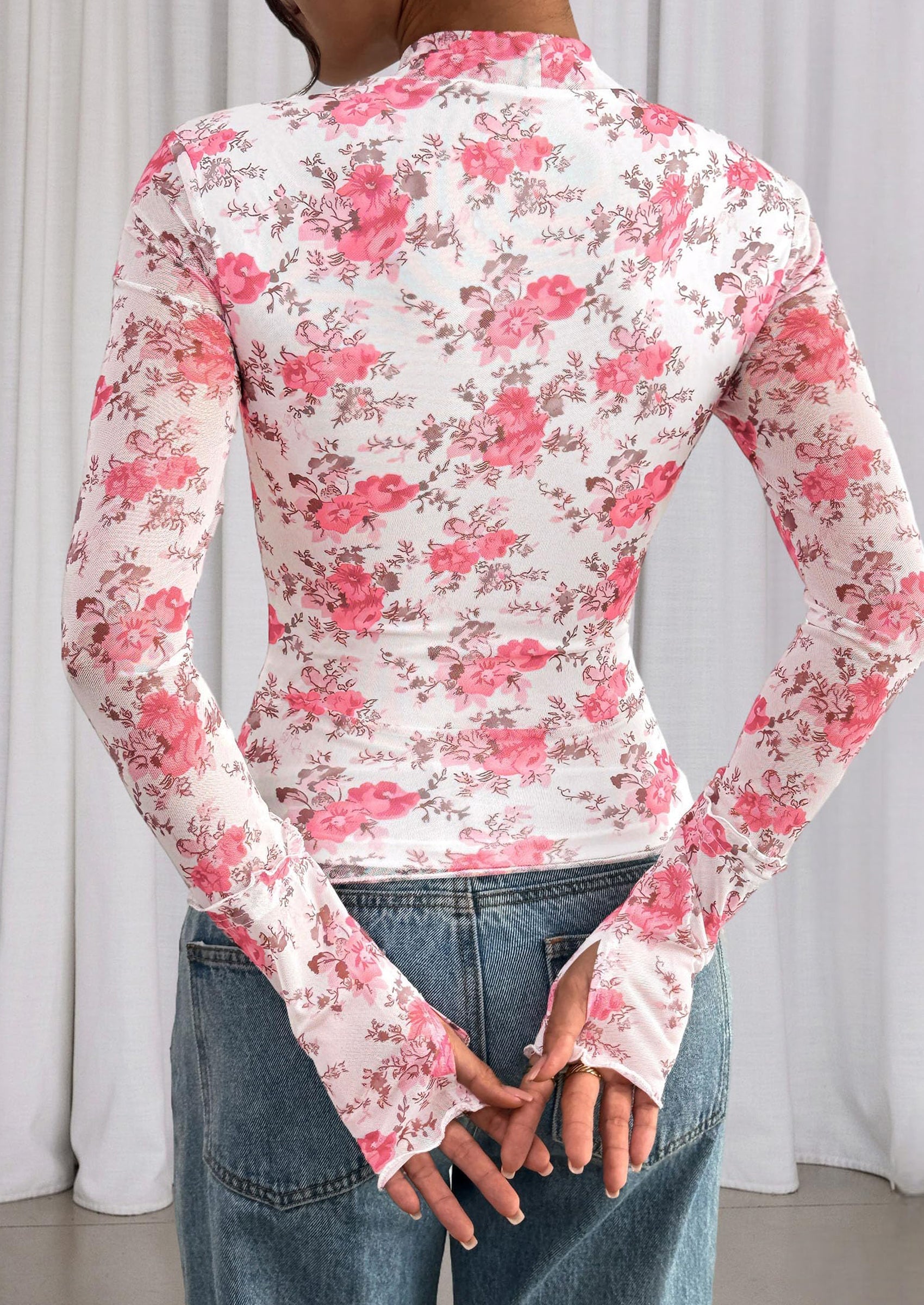 Womens Fall Mesh Floral Blouses Long Sleeve Going Out Tops Slim Fitted Shirts Date Night Outfits