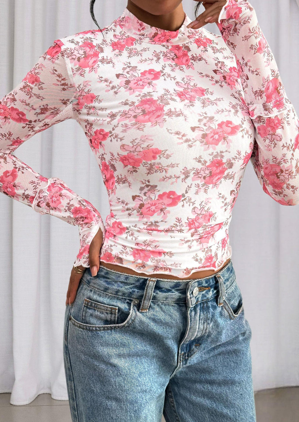 Womens Fall Mesh Floral Blouses Long Sleeve Going Out Tops Slim Fitted Shirts Date Night Outfits